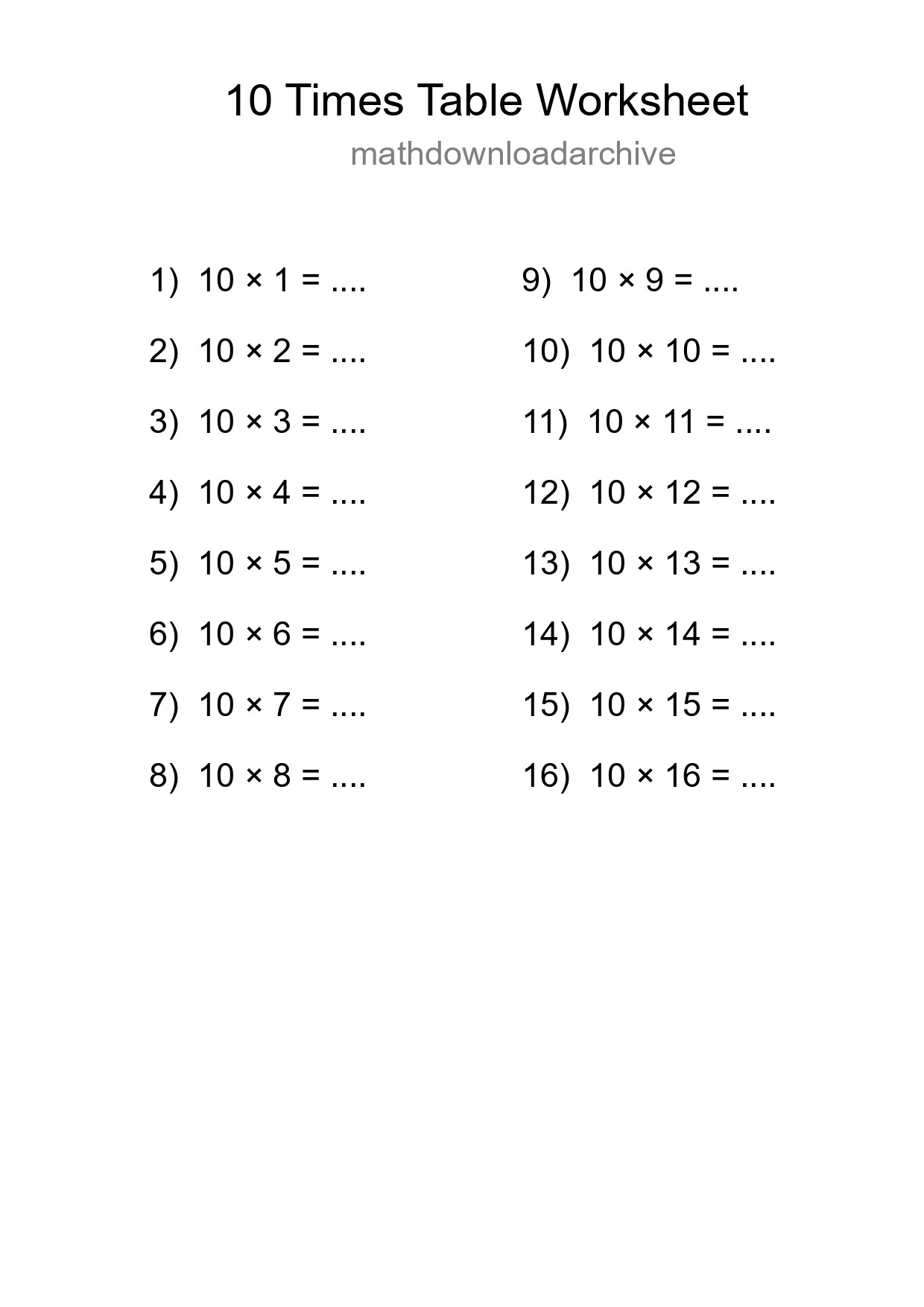 10 Times Table Worksheet For Grade 3 - Part 86