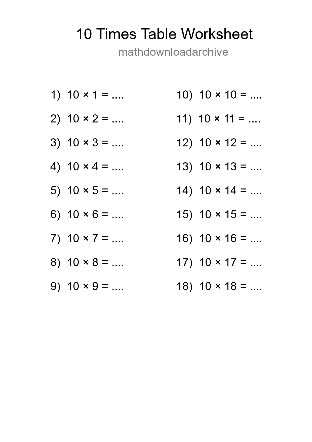 10 Times Table Worksheet For Grade 3 - Part 9