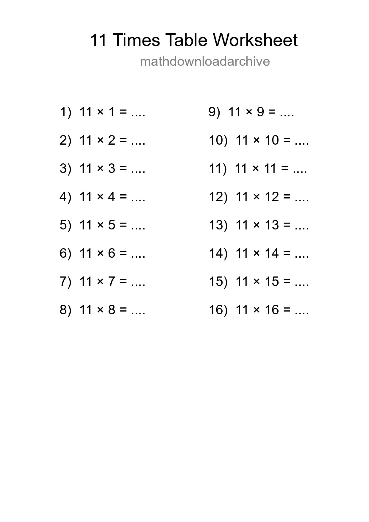 11 Times Table Worksheet For Grade 4 - Part 229