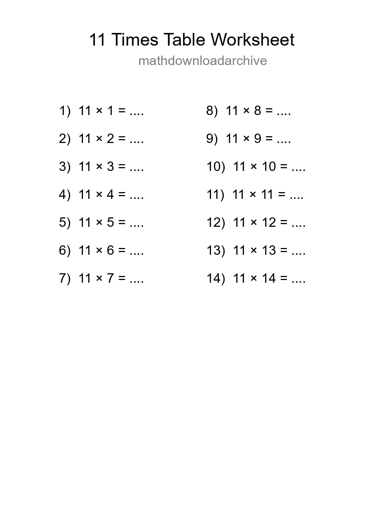 11 Times Table Worksheet For Grade 4 With Answers - Part 53