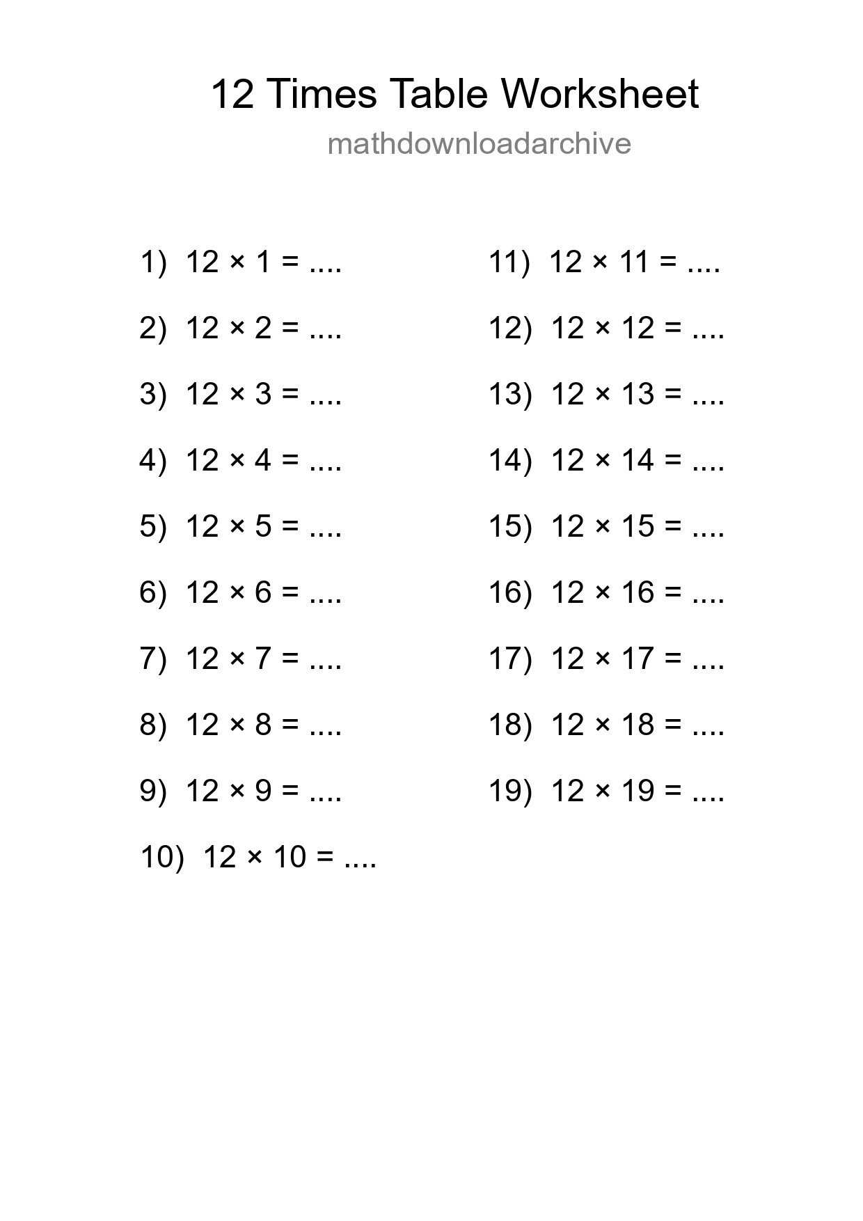 12 Times Table Worksheet For Grade 4 - Part 20