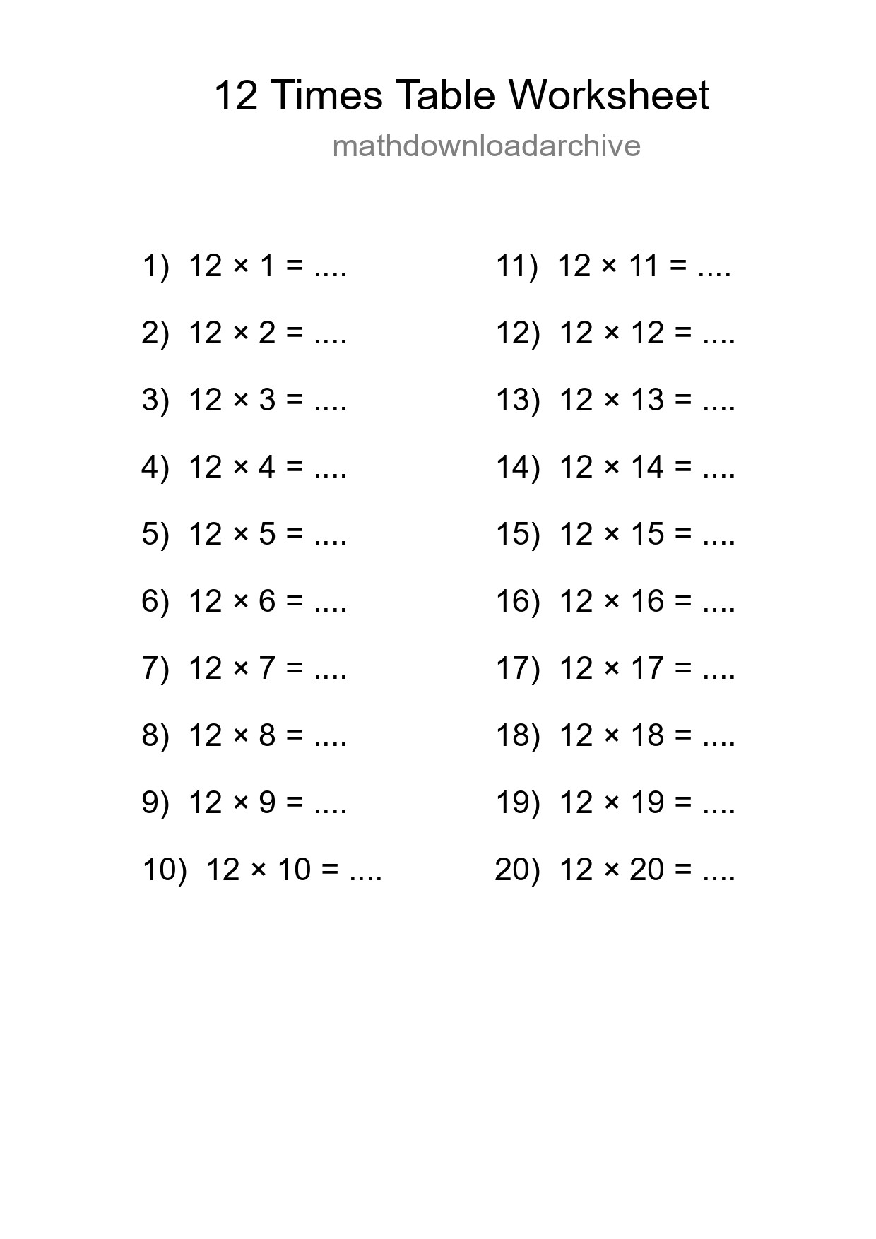 12 Times Table Worksheet For Grade 4 - Part 284