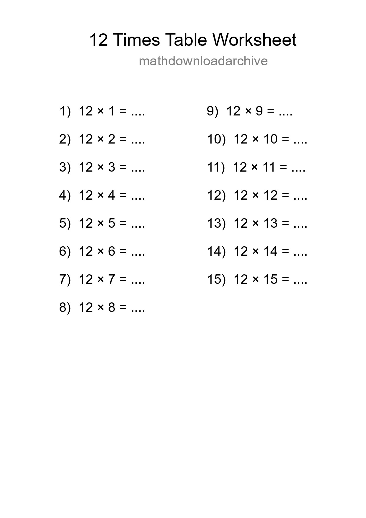 12 Times Table Worksheet For Grade 4 - Part 64