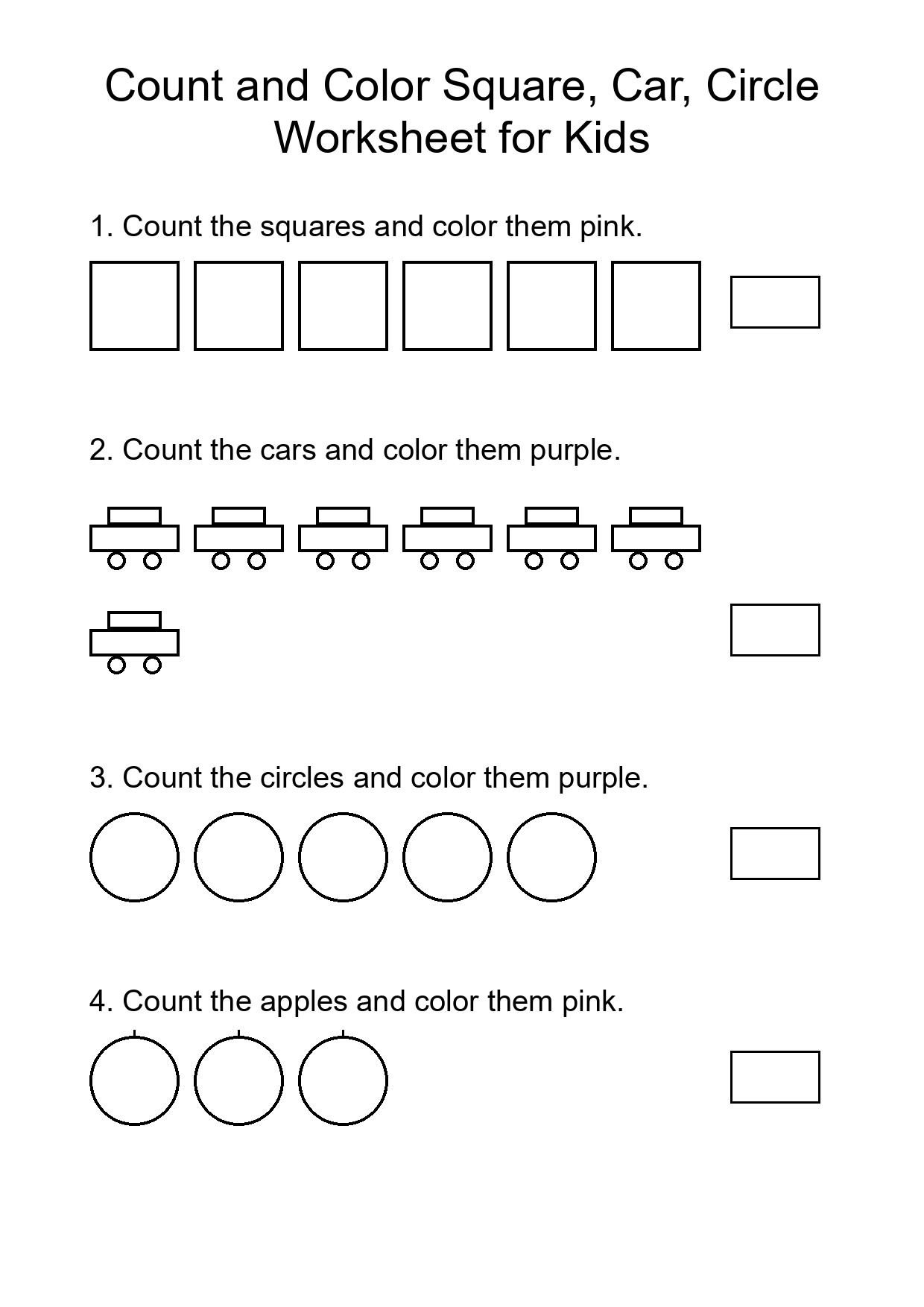 Count and Color Square, Car, Circle Worksheet for Kids