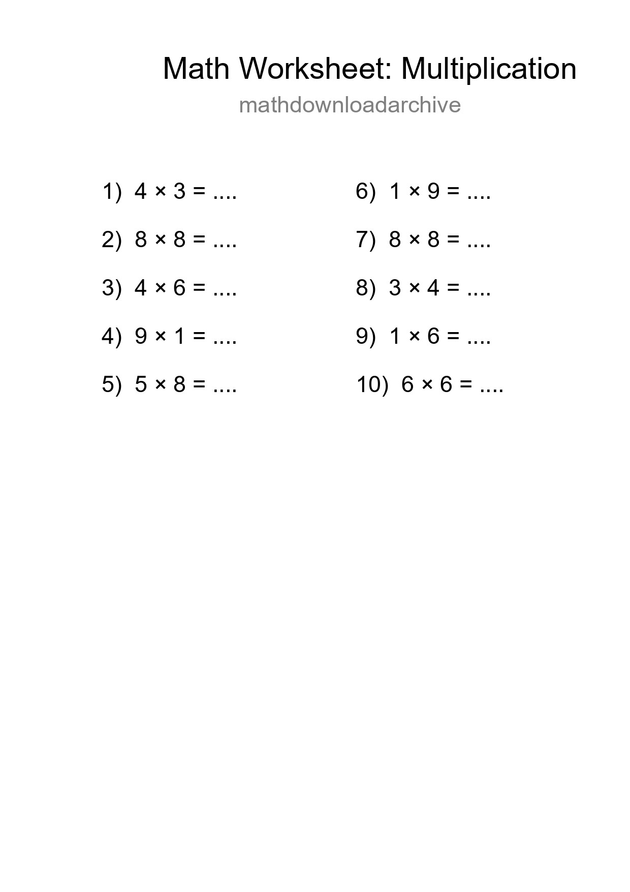 Free 10 Multiplication Math Worksheet For Grade 1 With Answers - Part 293