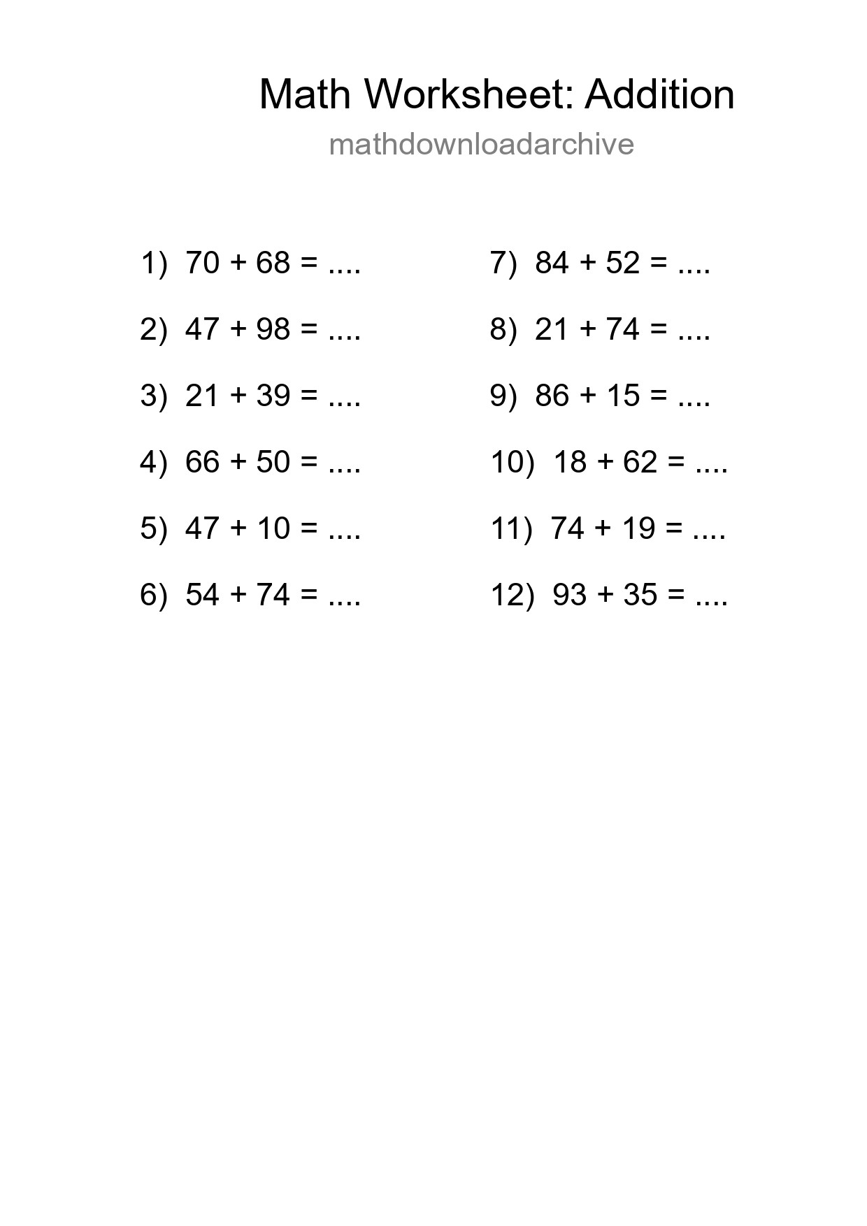 Free 12 Addition Math Worksheet For Grade 3 With Answers - Part 12
