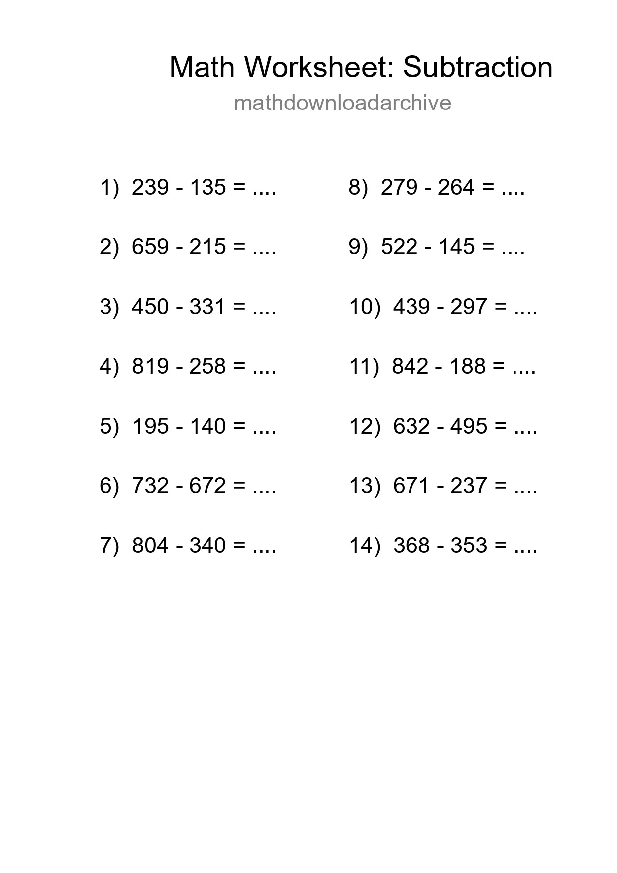 Free 14 Subtraction Math Worksheet For Grade 5 - Part 294