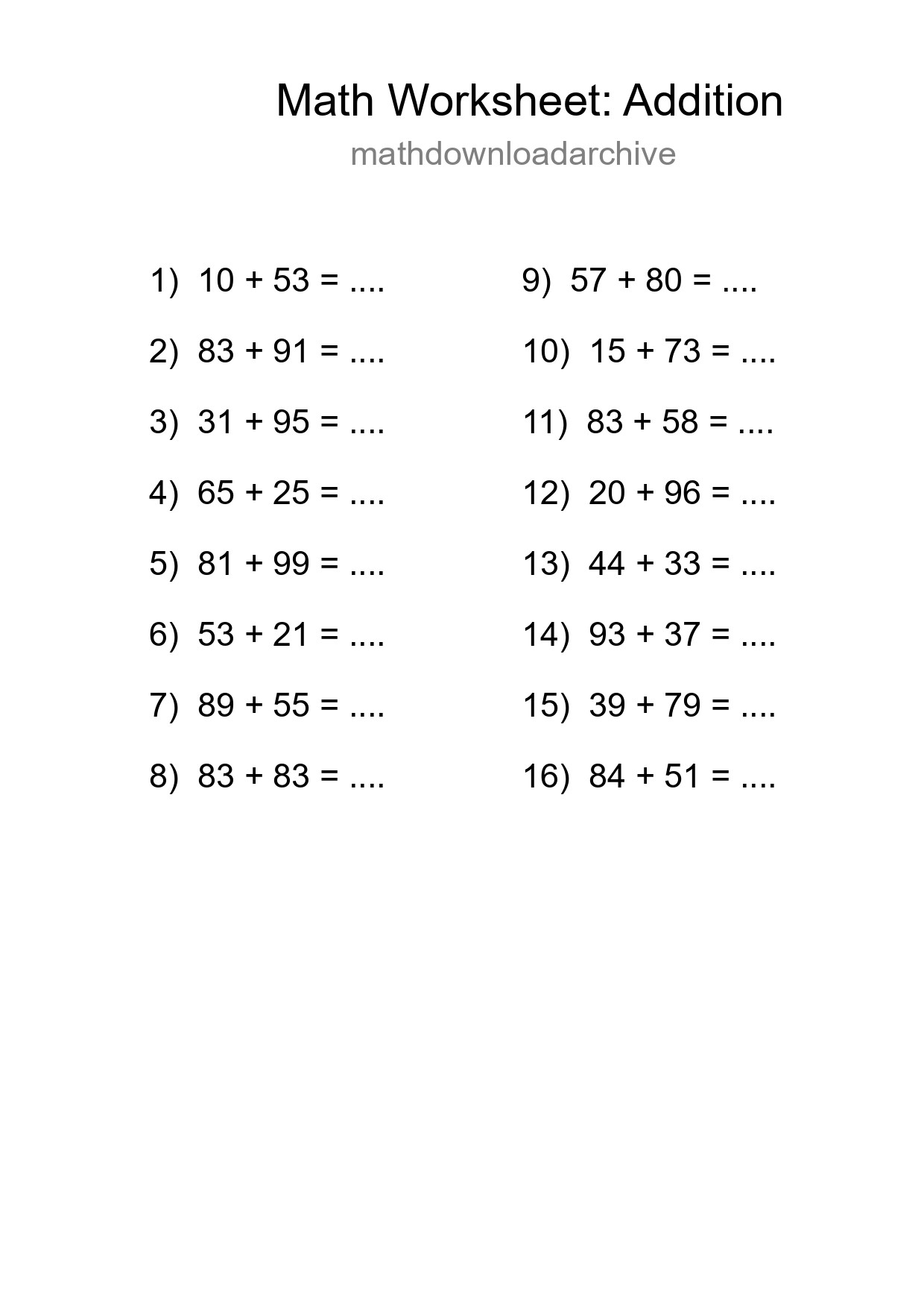 Free 16 Addition Math Worksheet For Grade 3 With Answers - Part 144