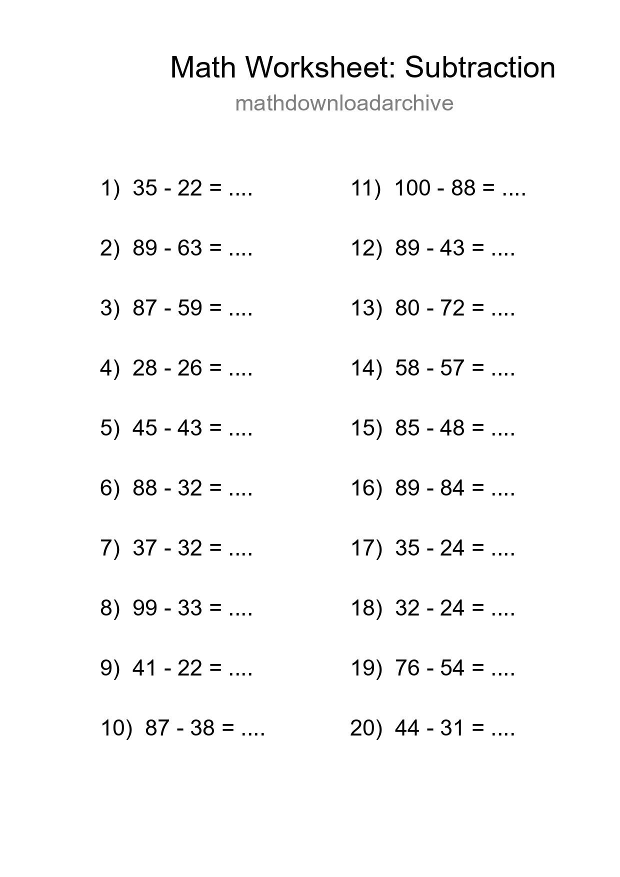 Free 20 Subtraction Math Worksheet For Grade 3 - Part 19