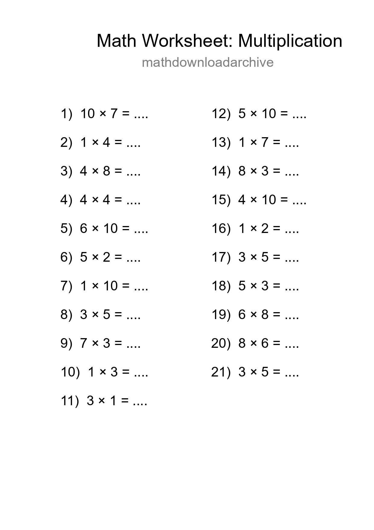 Free 21 Multiplication Math Worksheet For Grade 1 - Part 194