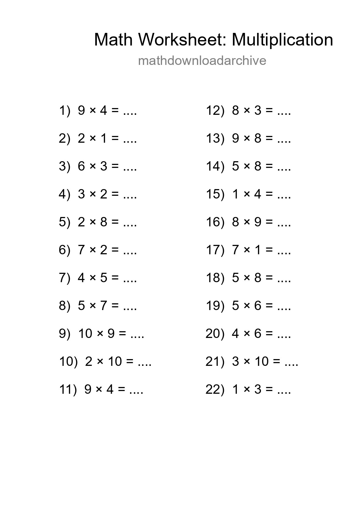 Free 22 Multiplication Math Worksheet For Grade 1 With Answers - Part 117