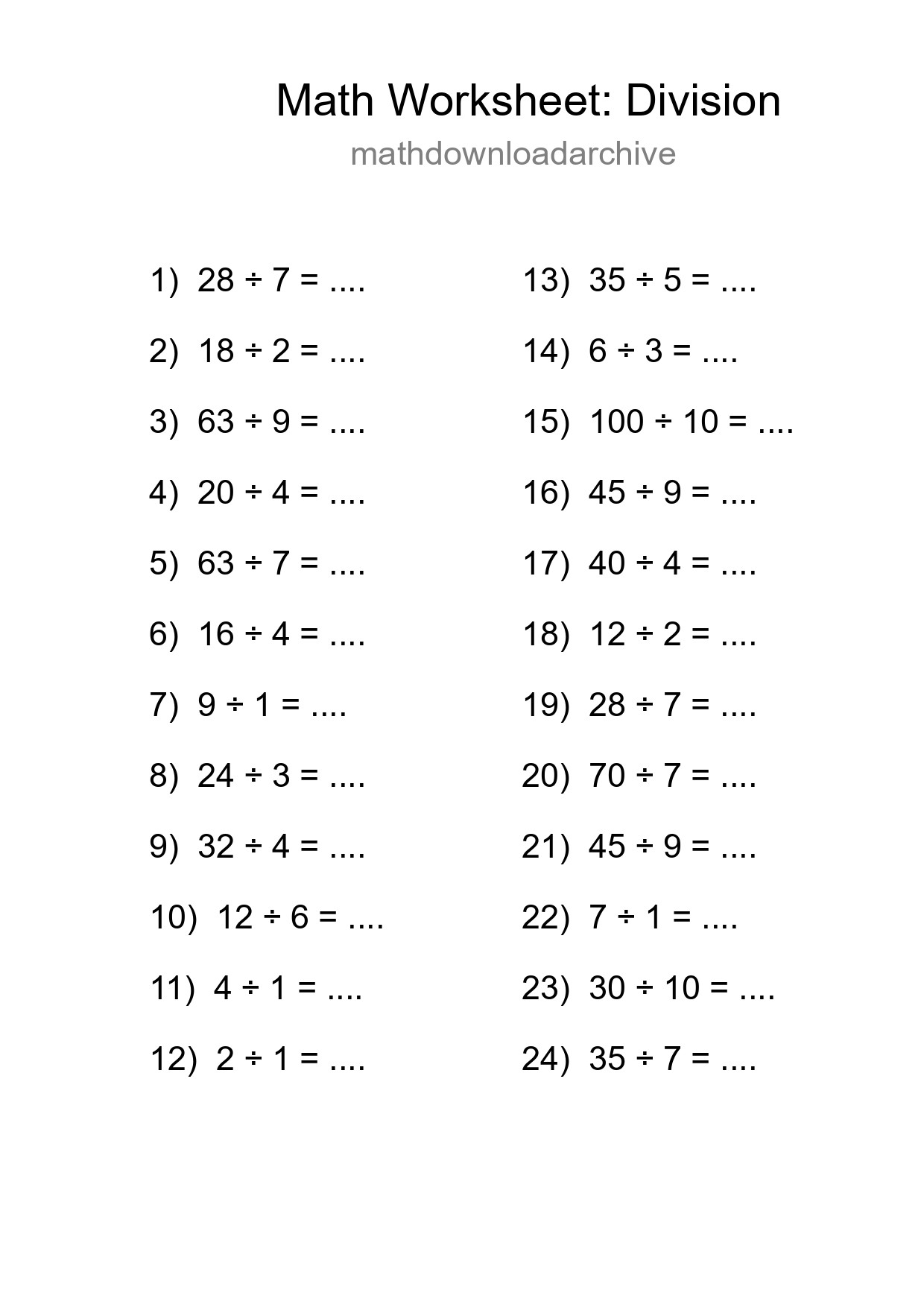Free 24 Division Math Worksheet For Grade 1 With Answers - Part 279