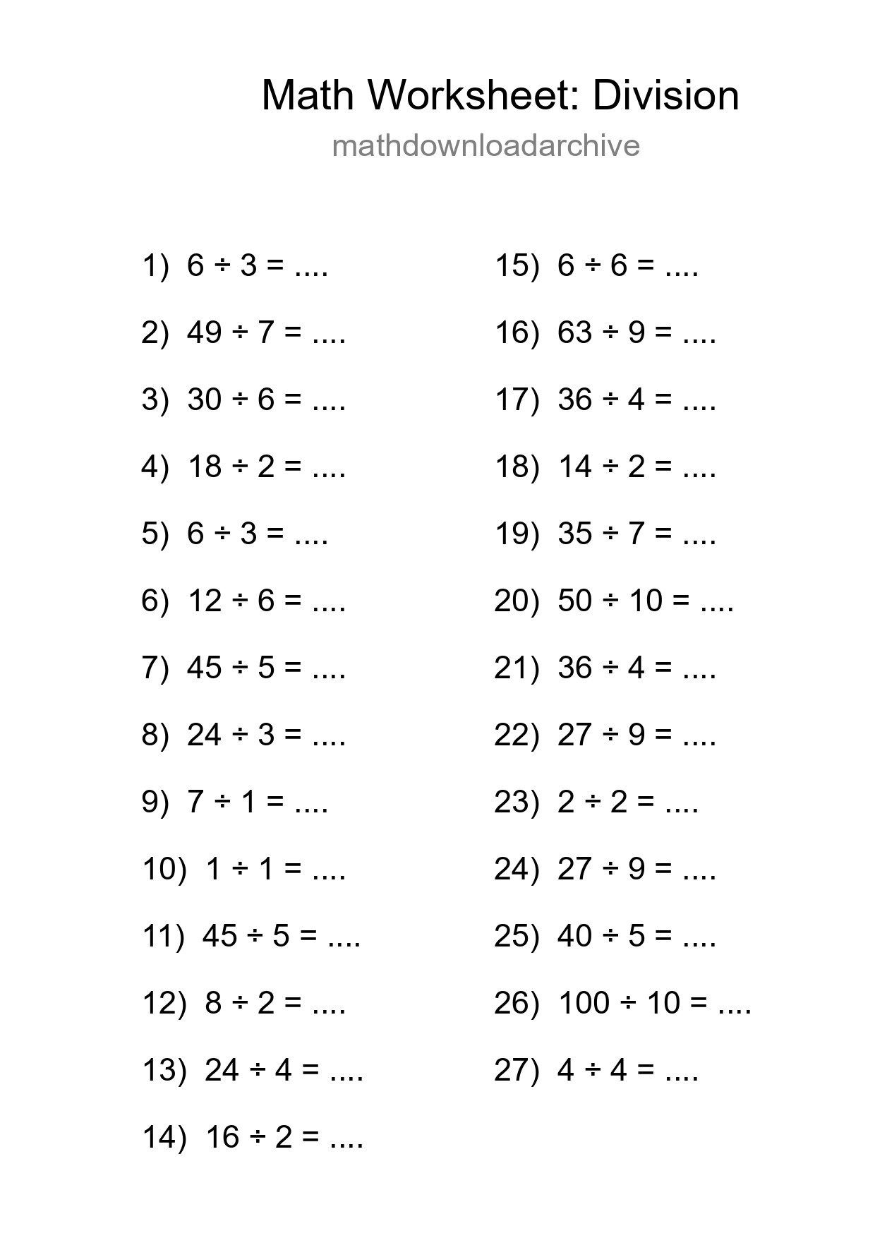 Free 27 Division Math Worksheet For Grade 1 With Answers - Part 202