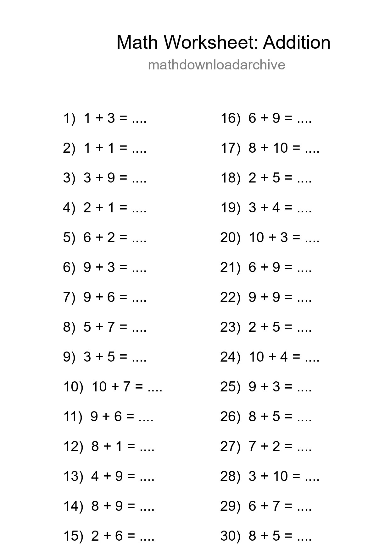 Free 30 Addition Math Worksheet For Grade 1 With Answers - Part 188