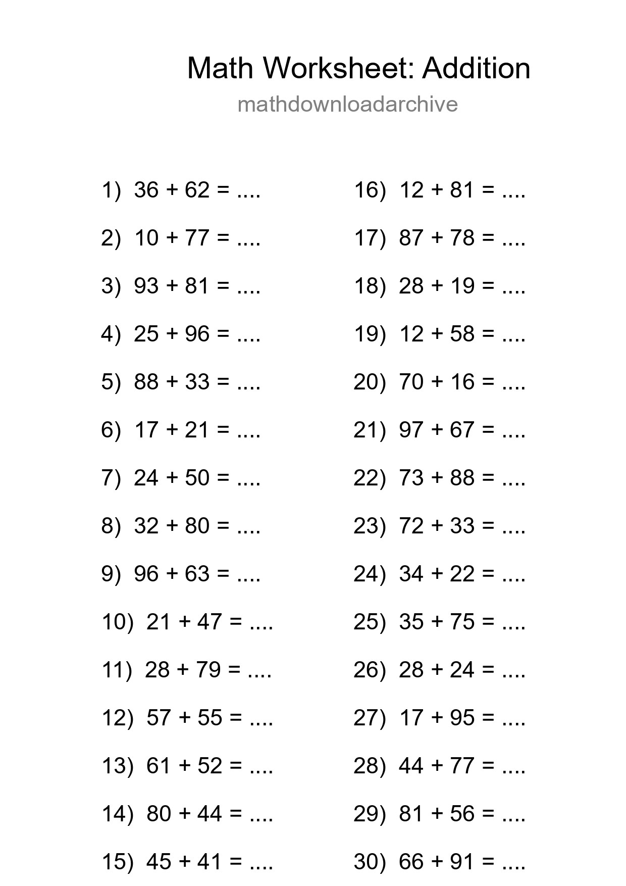 Free 30 Addition Math Worksheet For Grade 3 - Part 111
