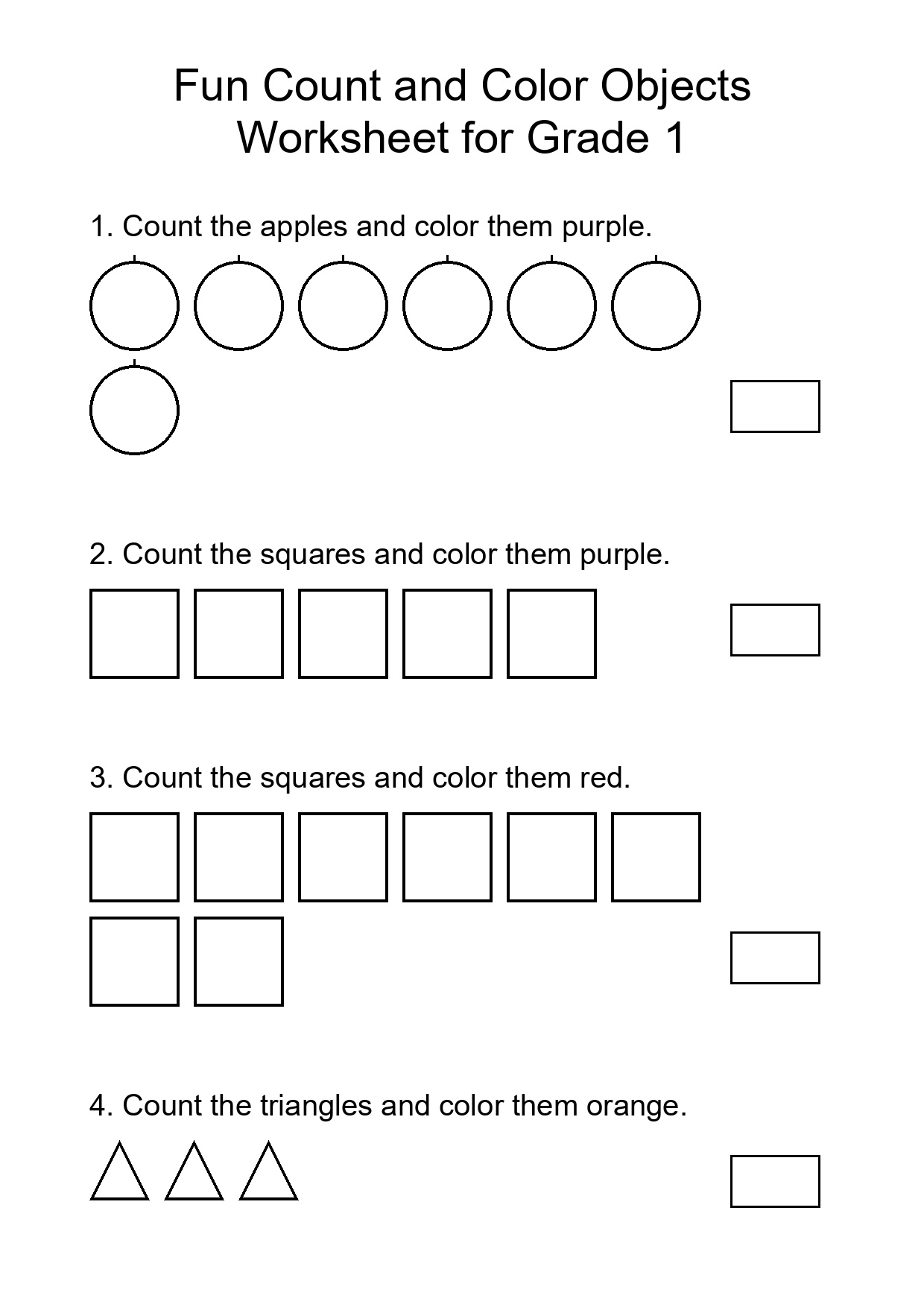 Fun Count and Color Objects Worksheet for Grade 1
