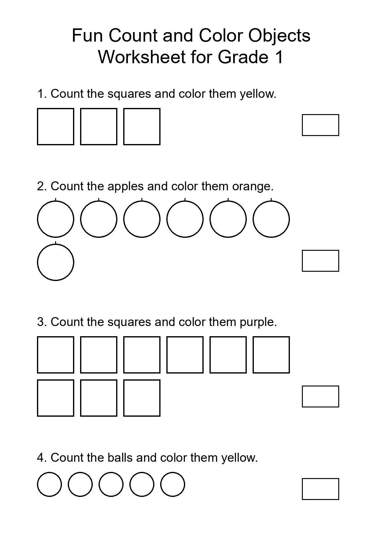Fun Count and Color Objects Worksheet for Grade 1