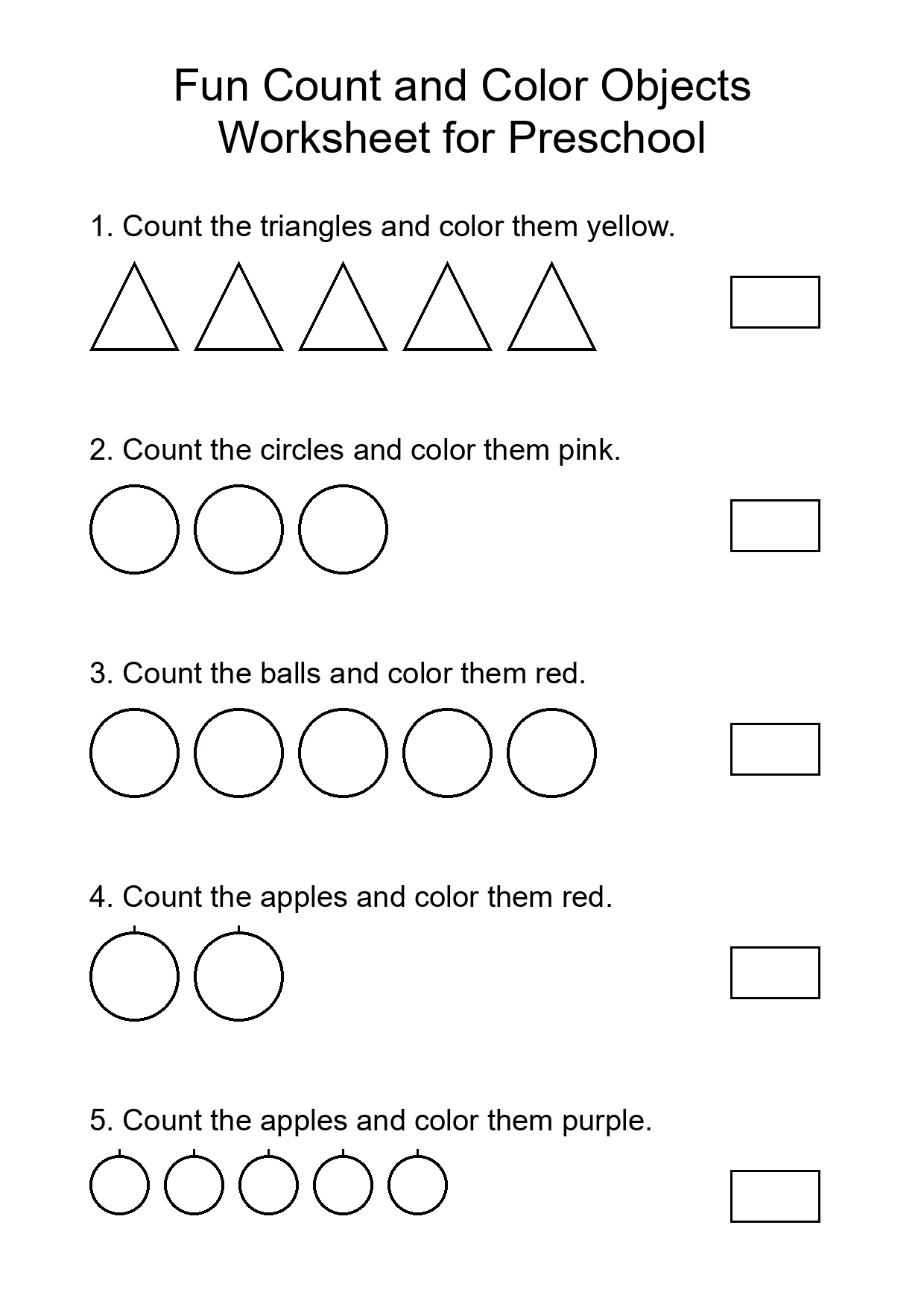 Fun Count and Color Objects Worksheet for Preschool