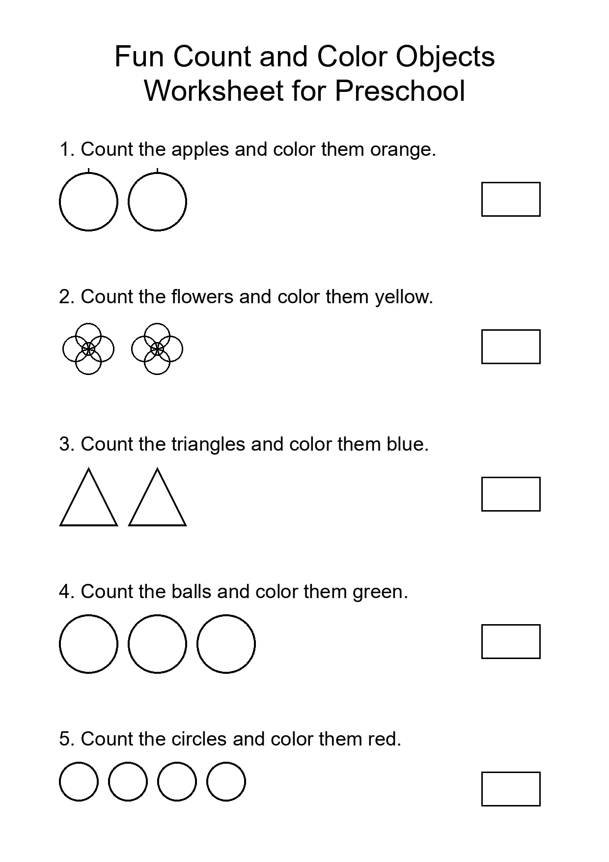 Fun Count and Color Objects Worksheet for Preschool