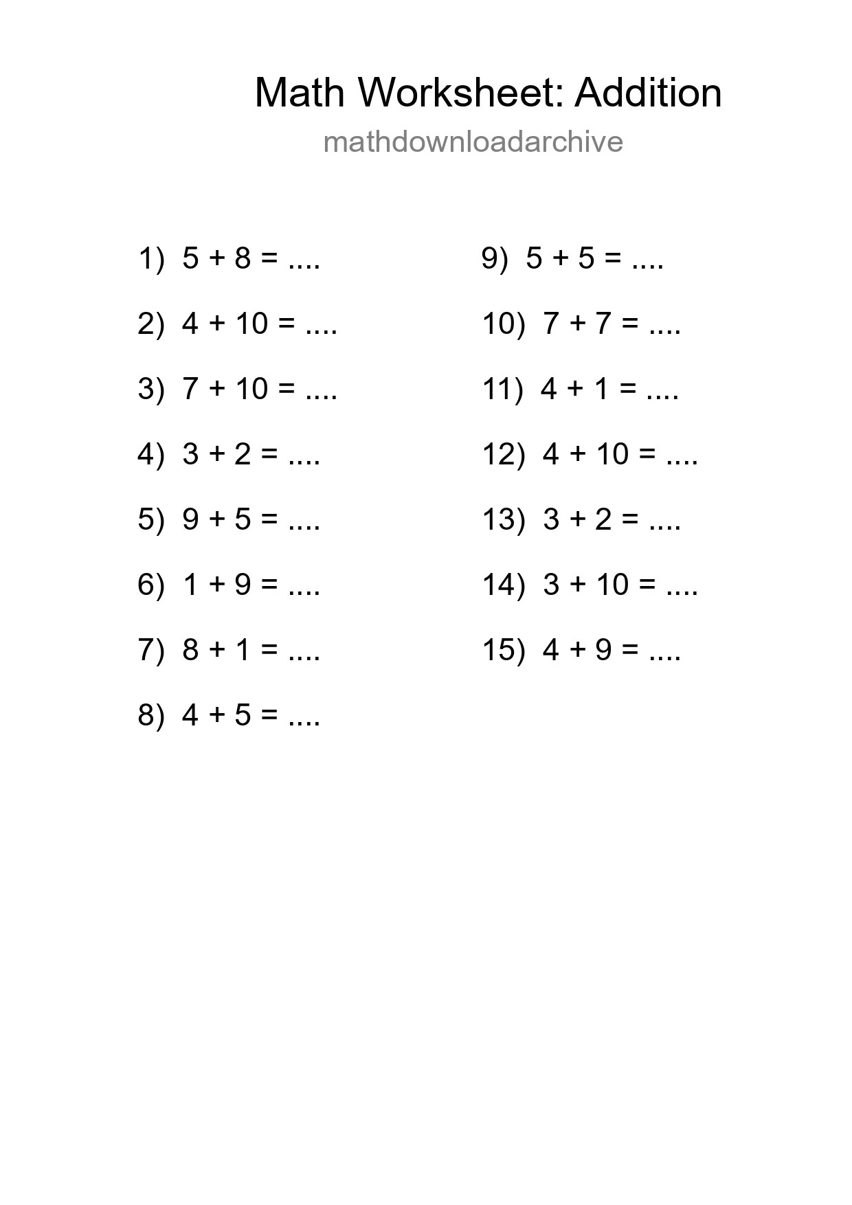 Grade 1 Addition Practice Worksheet (15 Problems) - Part 23