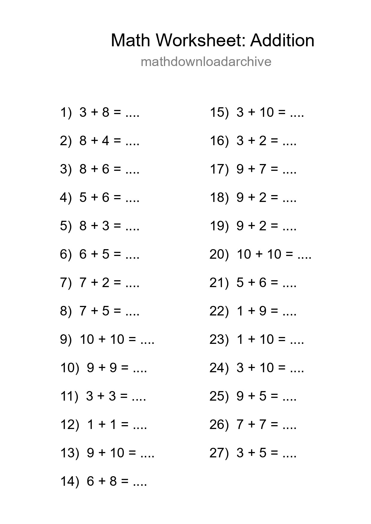 Grade 1 Addition Practice Worksheet (27 Problems) - Part 243