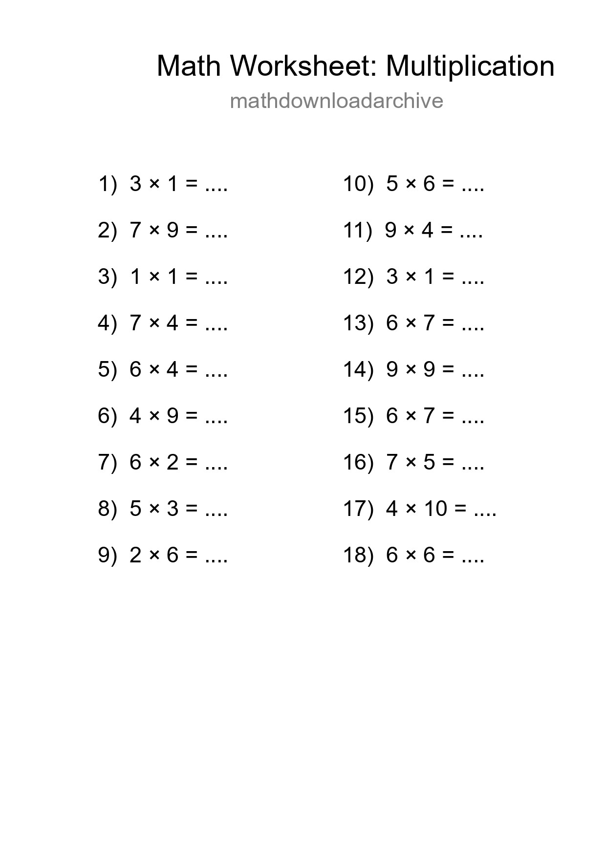 Grade 1 Multiplication Practice Worksheet (18 Problems) - Part 161