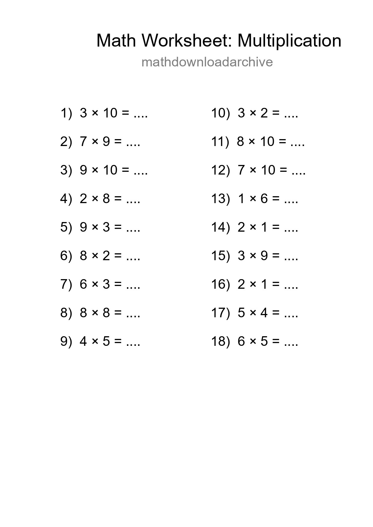 Grade 1 Multiplication Practice Worksheet (18 Problems) - Part 172