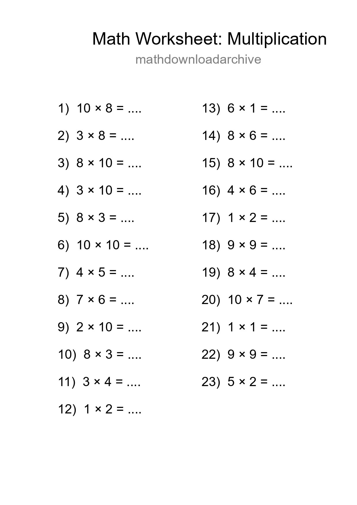 Grade 1 Multiplication Practice Worksheet (23 Problems) - Part 128