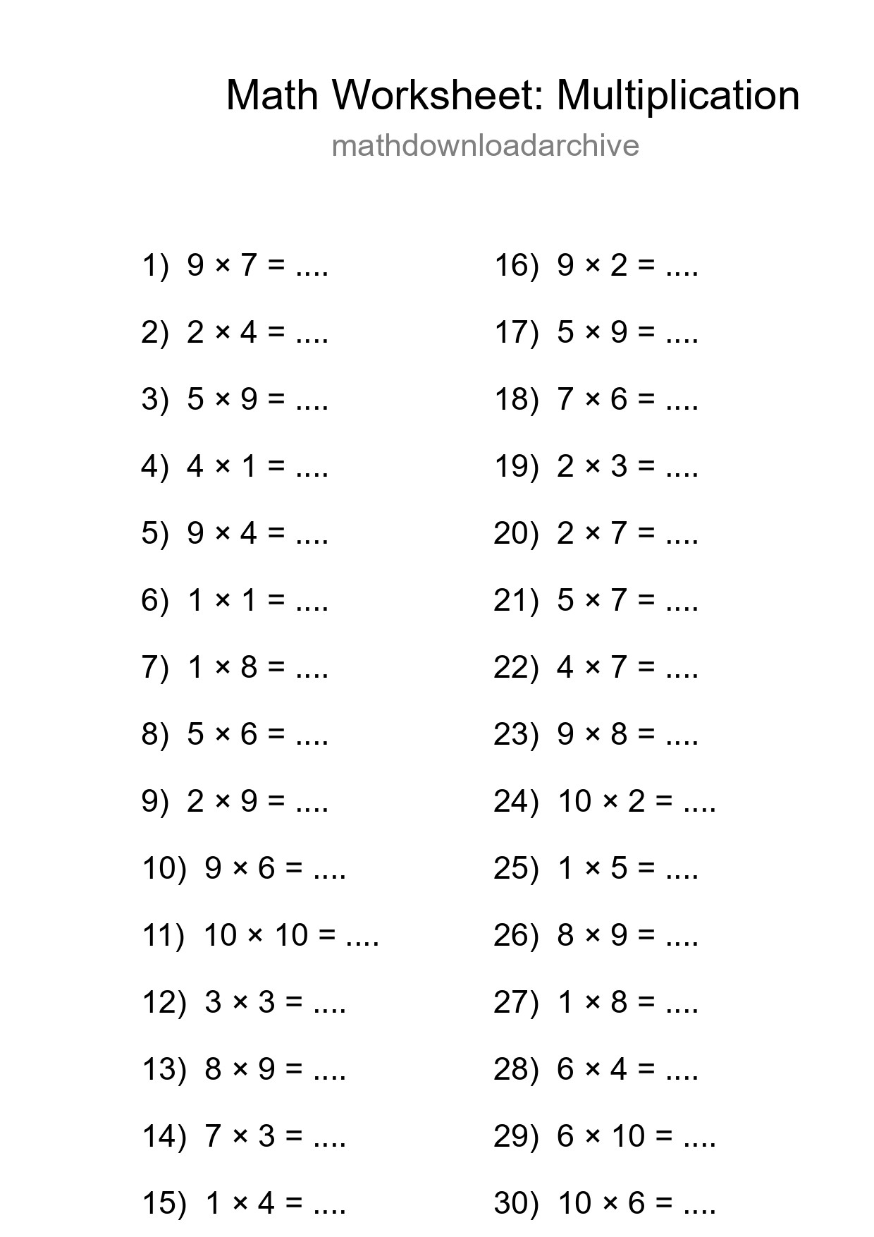 Grade 1 Multiplication Practice Worksheet (30 Problems) - Part 73
