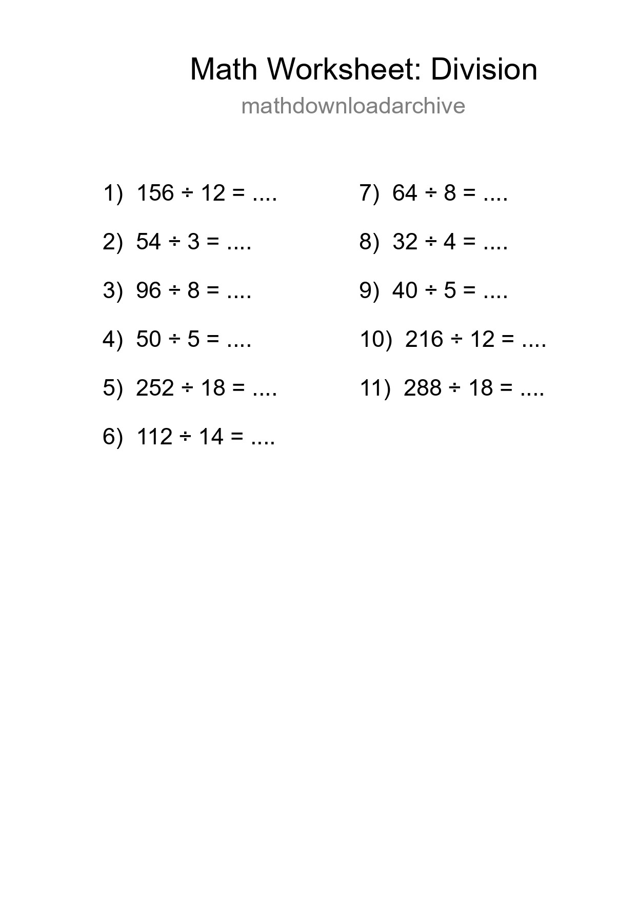 Grade 2 Division Practice Worksheet (11 Problems) - Part 246