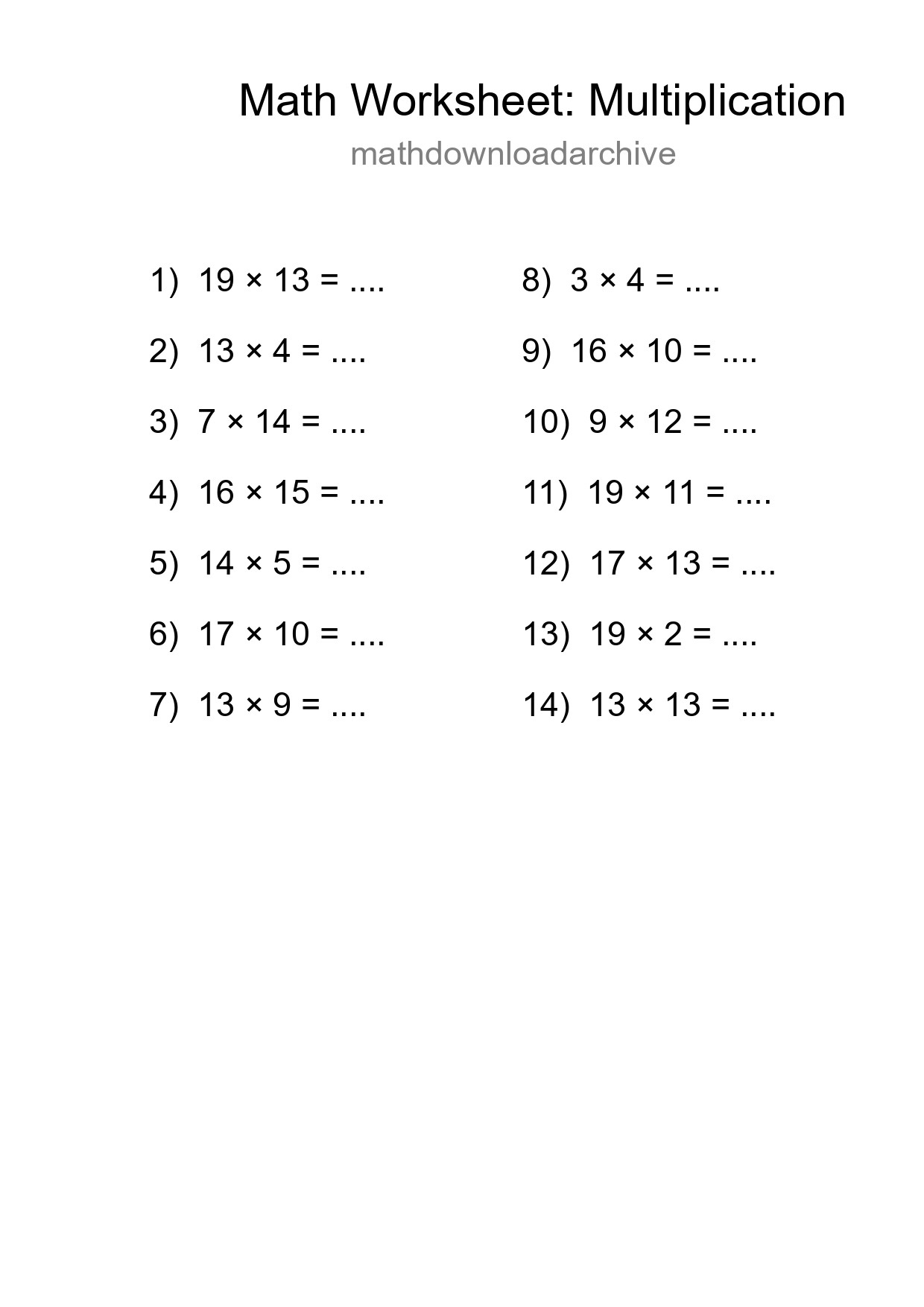 Grade 2 Multiplication Practice Worksheet (14 Problems) - Part 238
