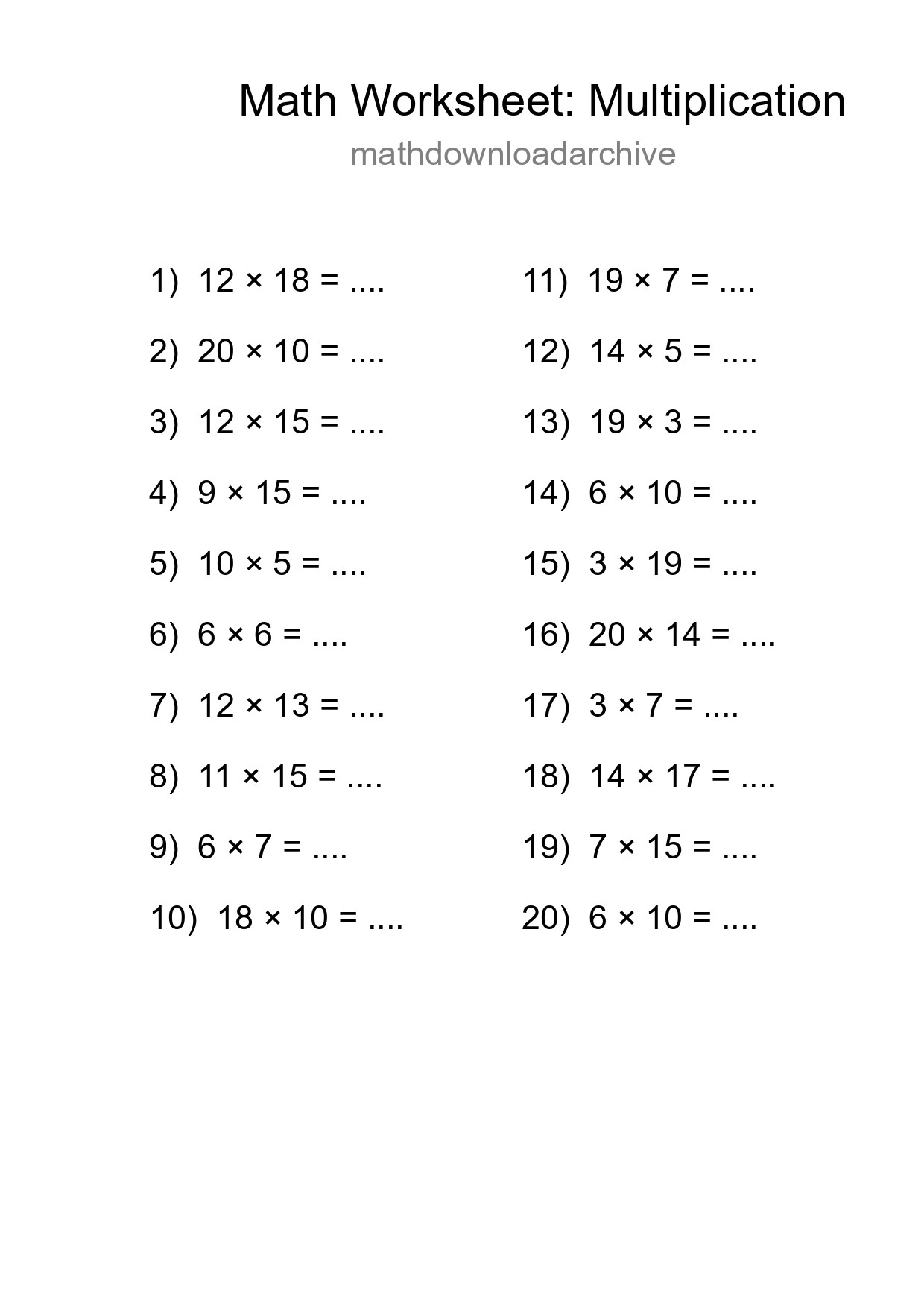 Grade 2 Multiplication Practice Worksheet (20 Problems) - Part 183