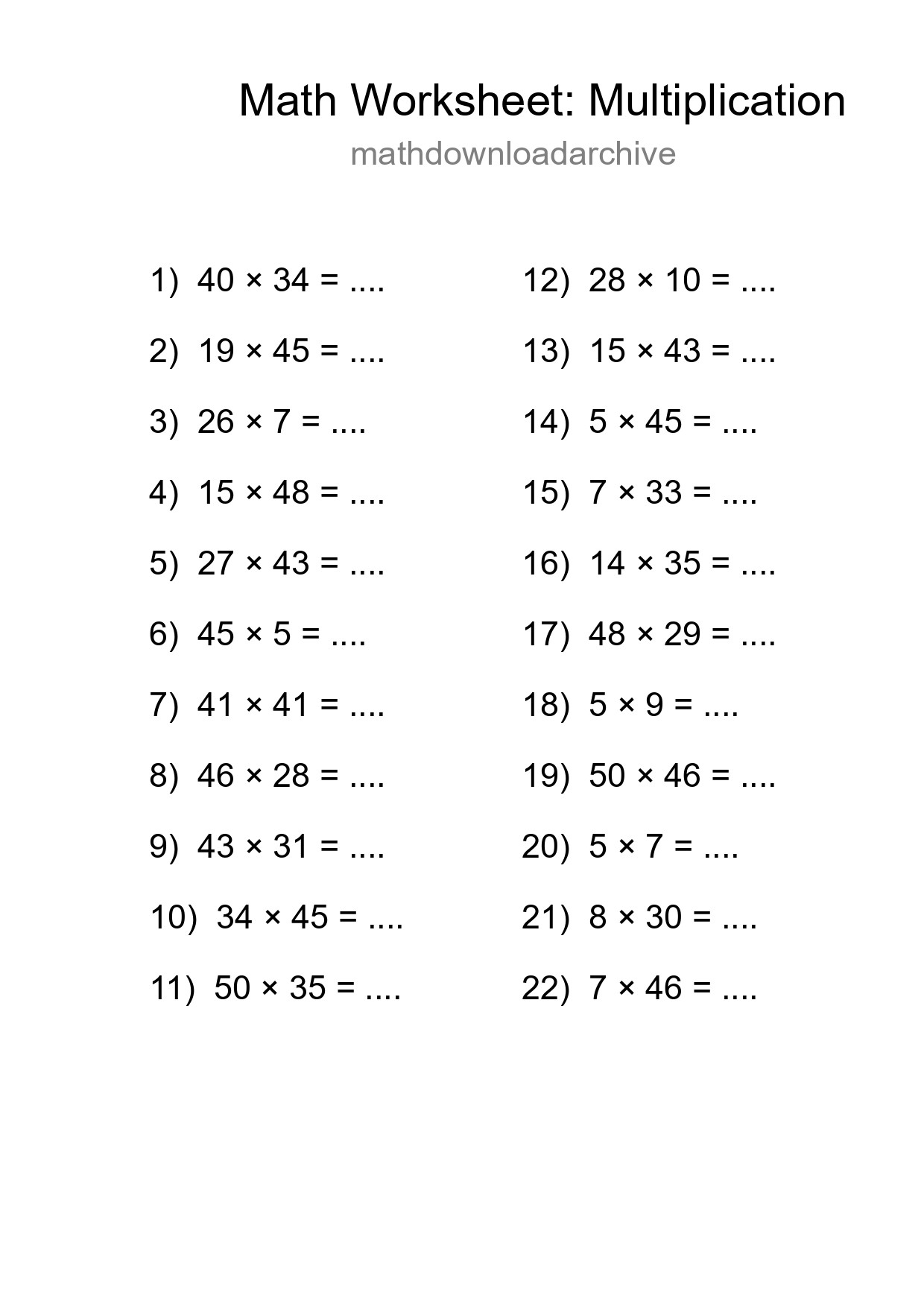Grade 2 Multiplication Practice Worksheet (22 Problems) - Part 51