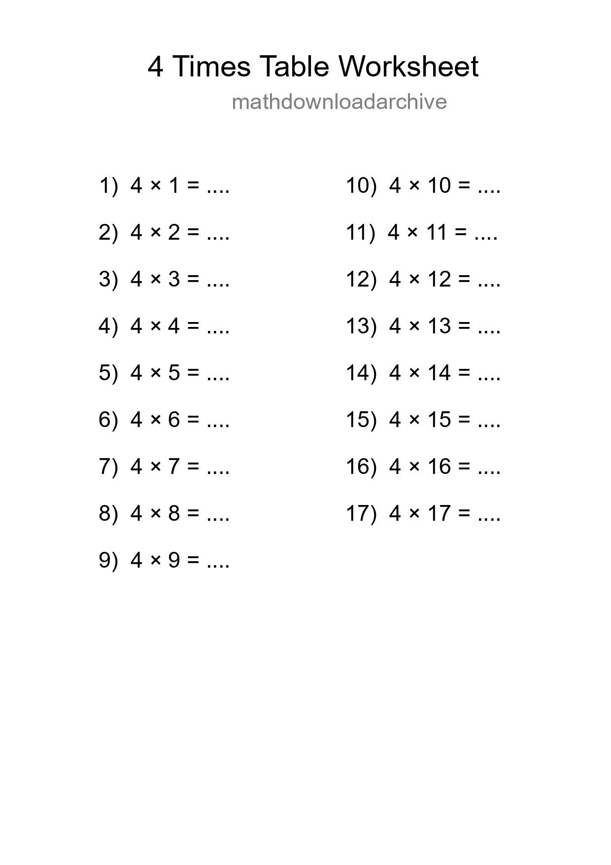 Grade 2 Multiplication Table 4 Practice - Part 262
