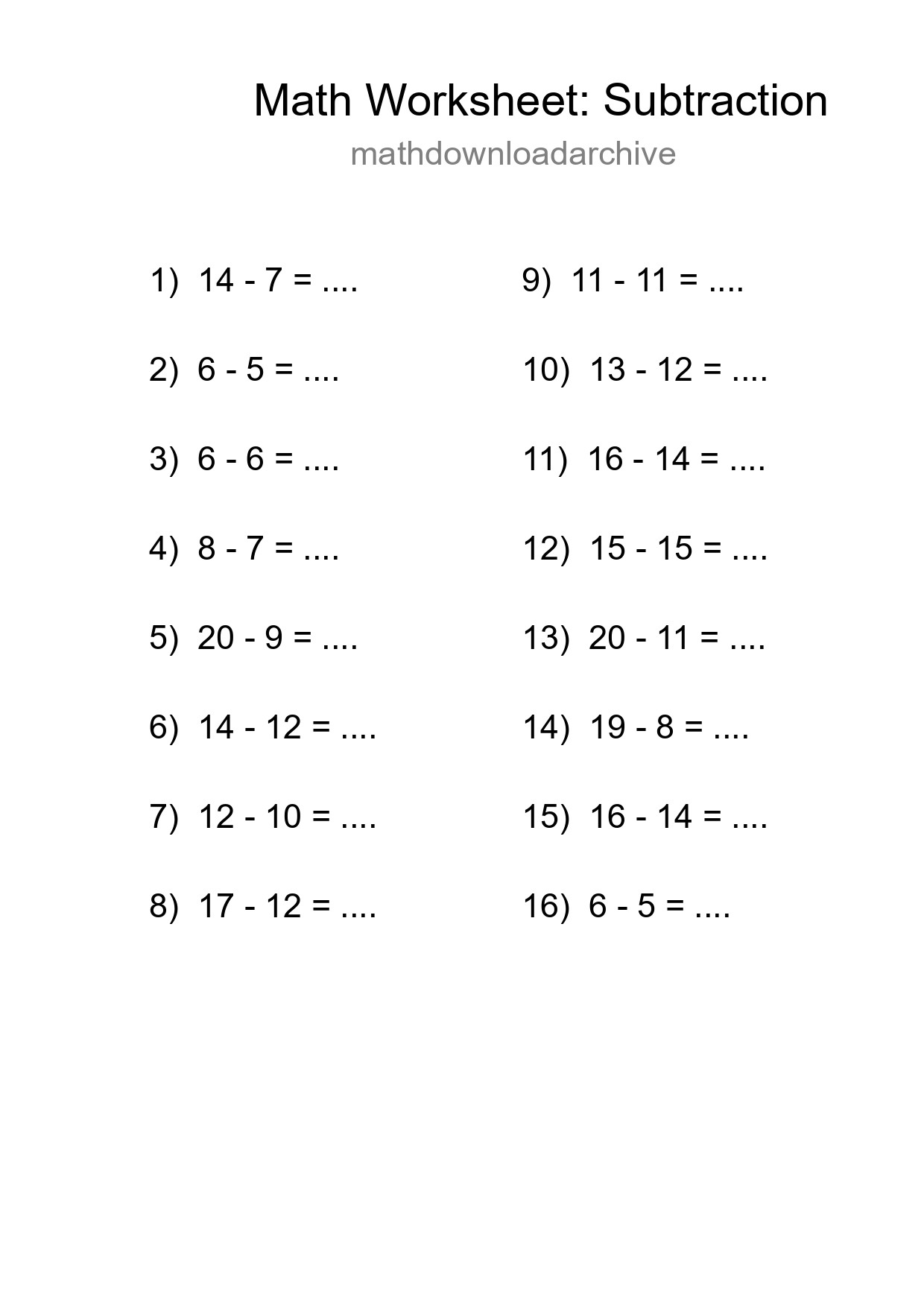 Grade 2 Subtraction Practice Worksheet (16 Problems) - Part 184