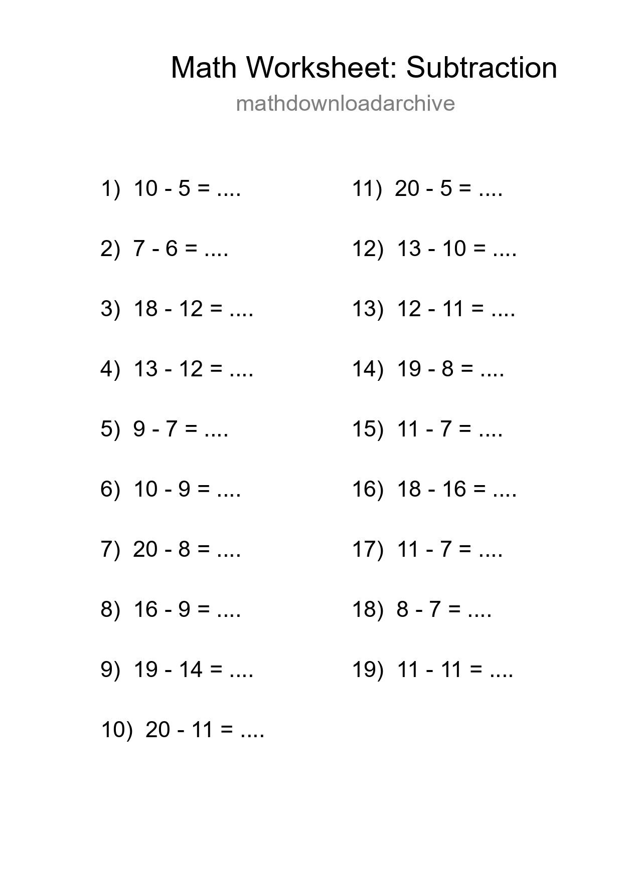 Grade 2 Subtraction Practice Worksheet (19 Problems) - Part 283