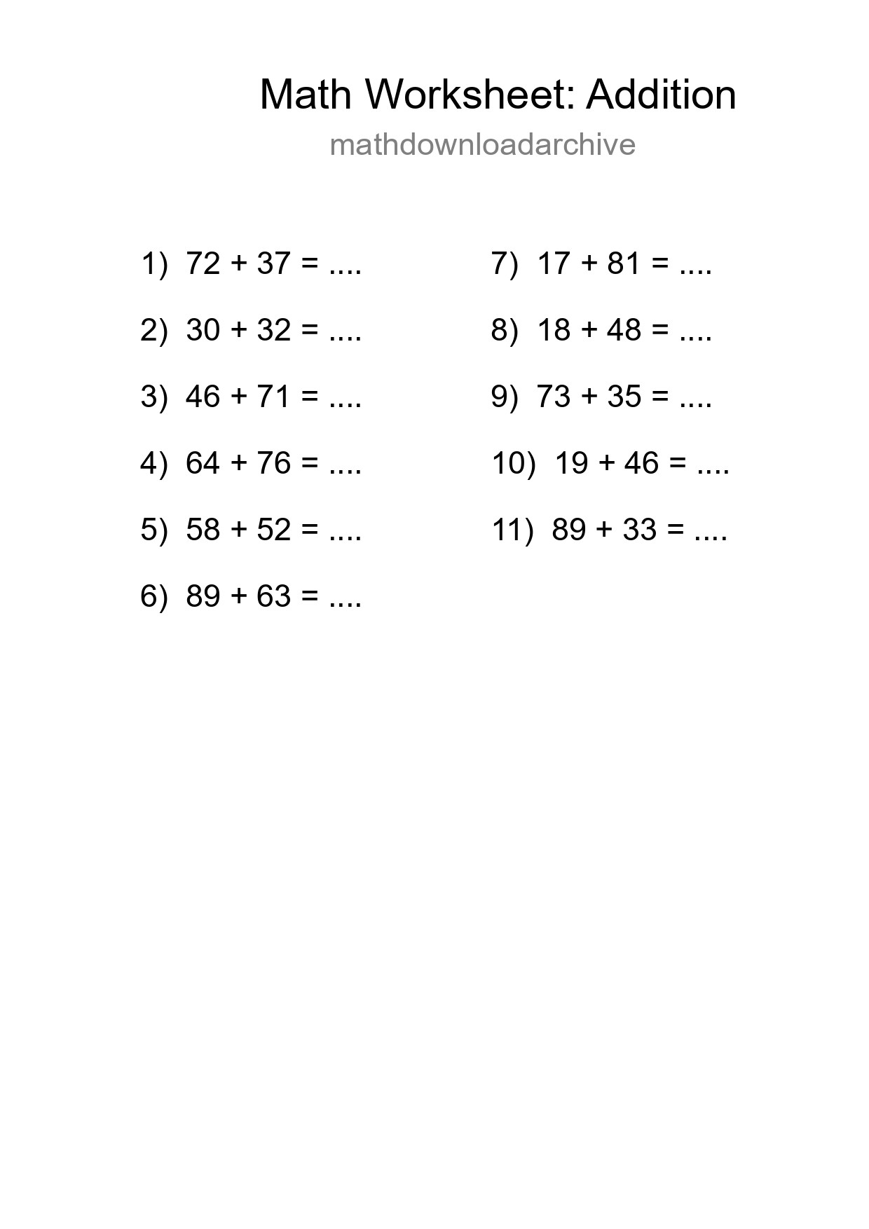 Grade 3 Addition Practice Worksheet (11 Problems) - Part 276