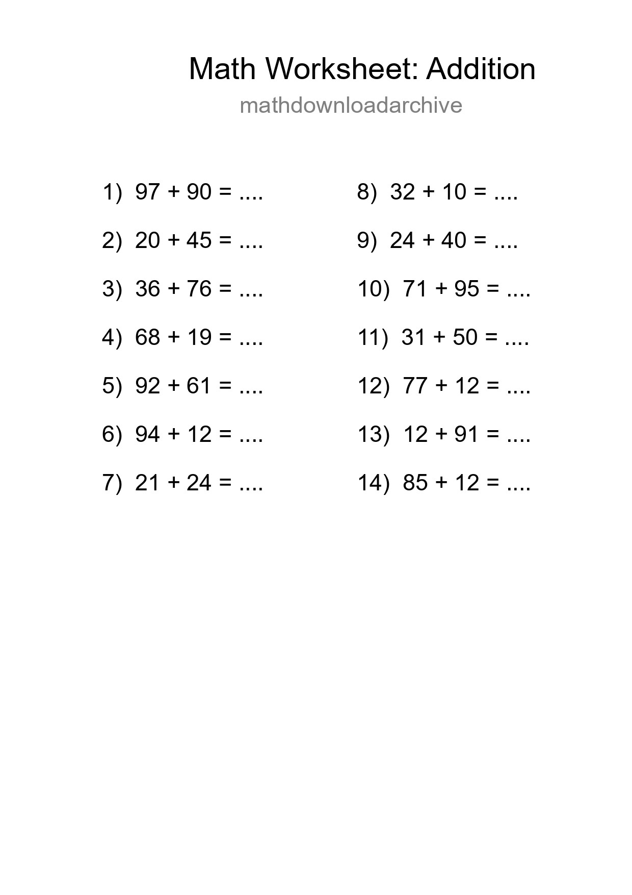 Grade 3 Addition Practice Worksheet (14 Problems)
