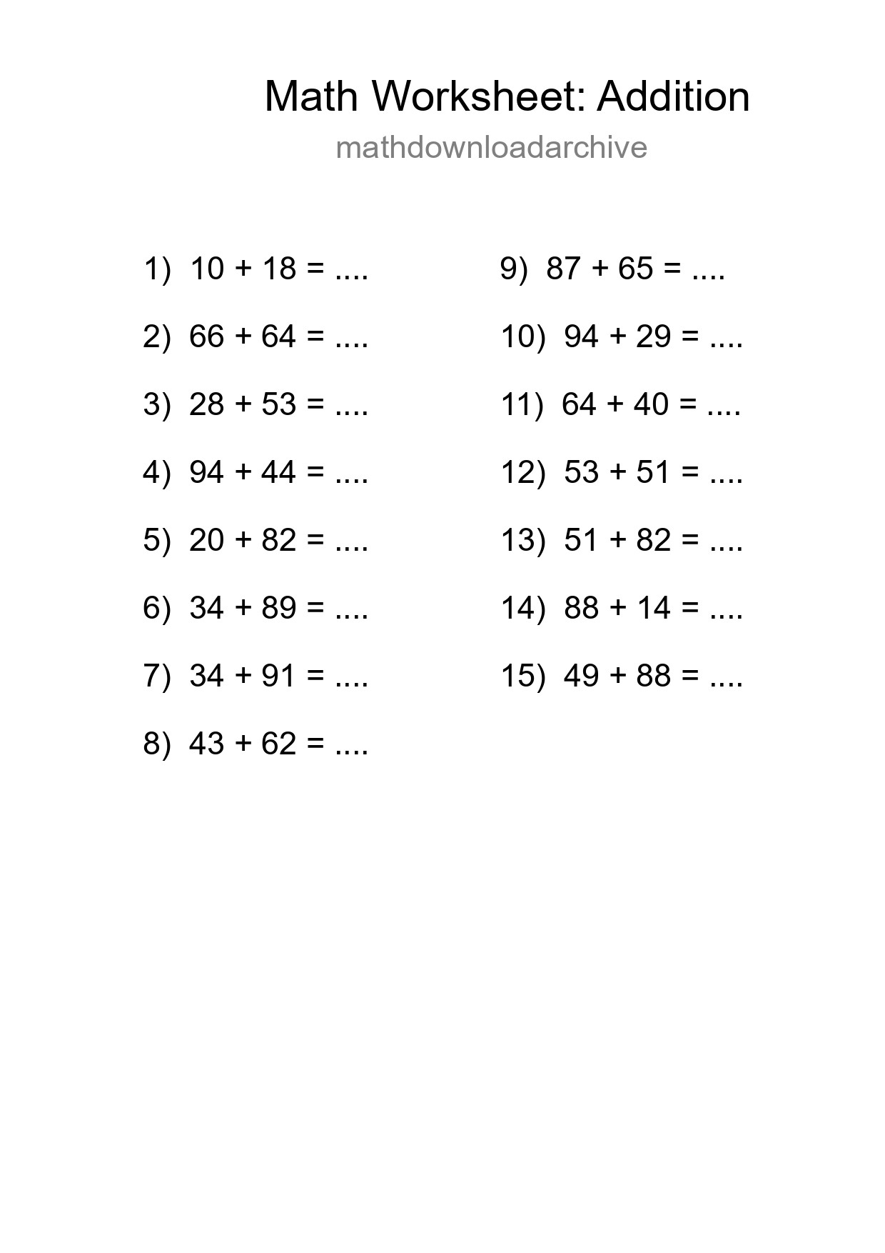 Grade 3 Addition Practice Worksheet (15 Problems) - Part 122
