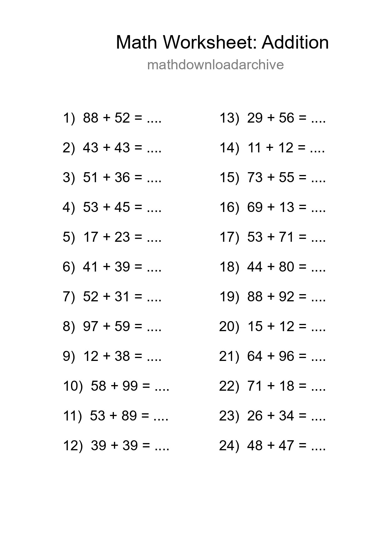 Grade 3 Addition Practice Worksheet (24 Problems) - Part 100