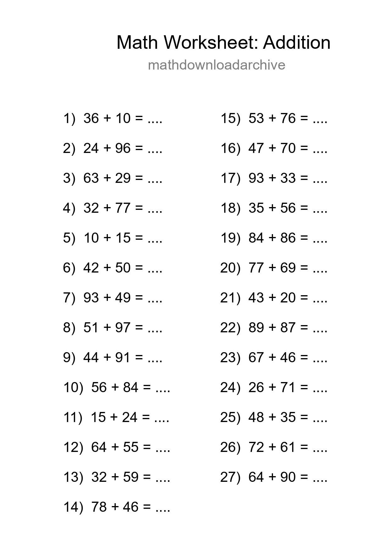 Grade 3 Addition Practice Worksheet (27 Problems) - Part 210