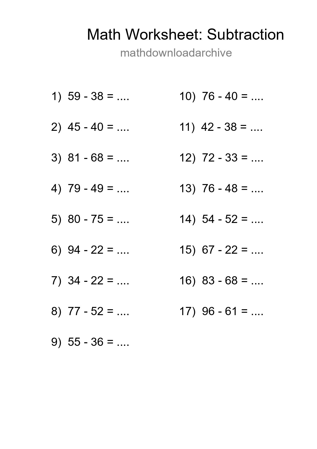 Grade 3 Subtraction Practice Worksheet (17 Problems) - Part 118