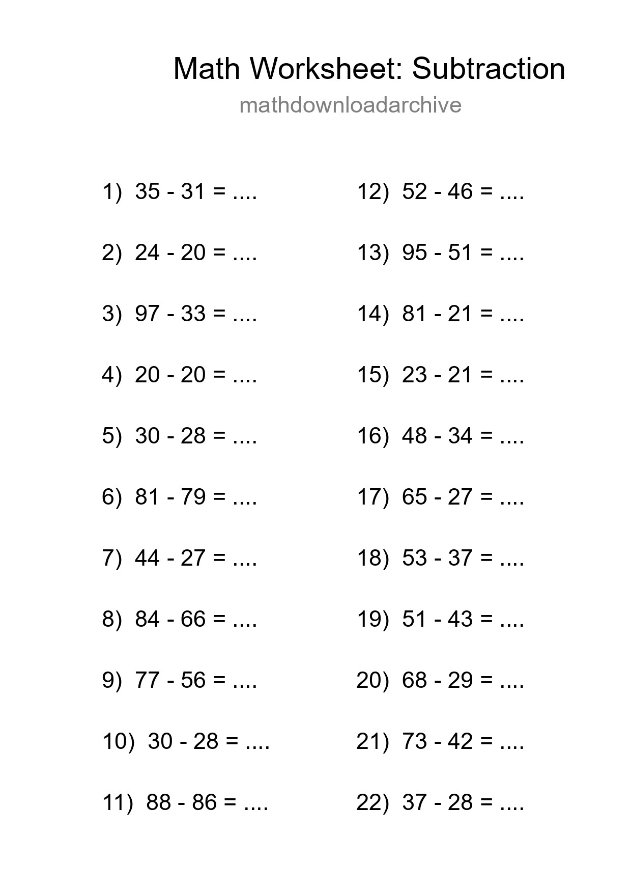 Grade 3 Subtraction Practice Worksheet (22 Problems) - Part 74