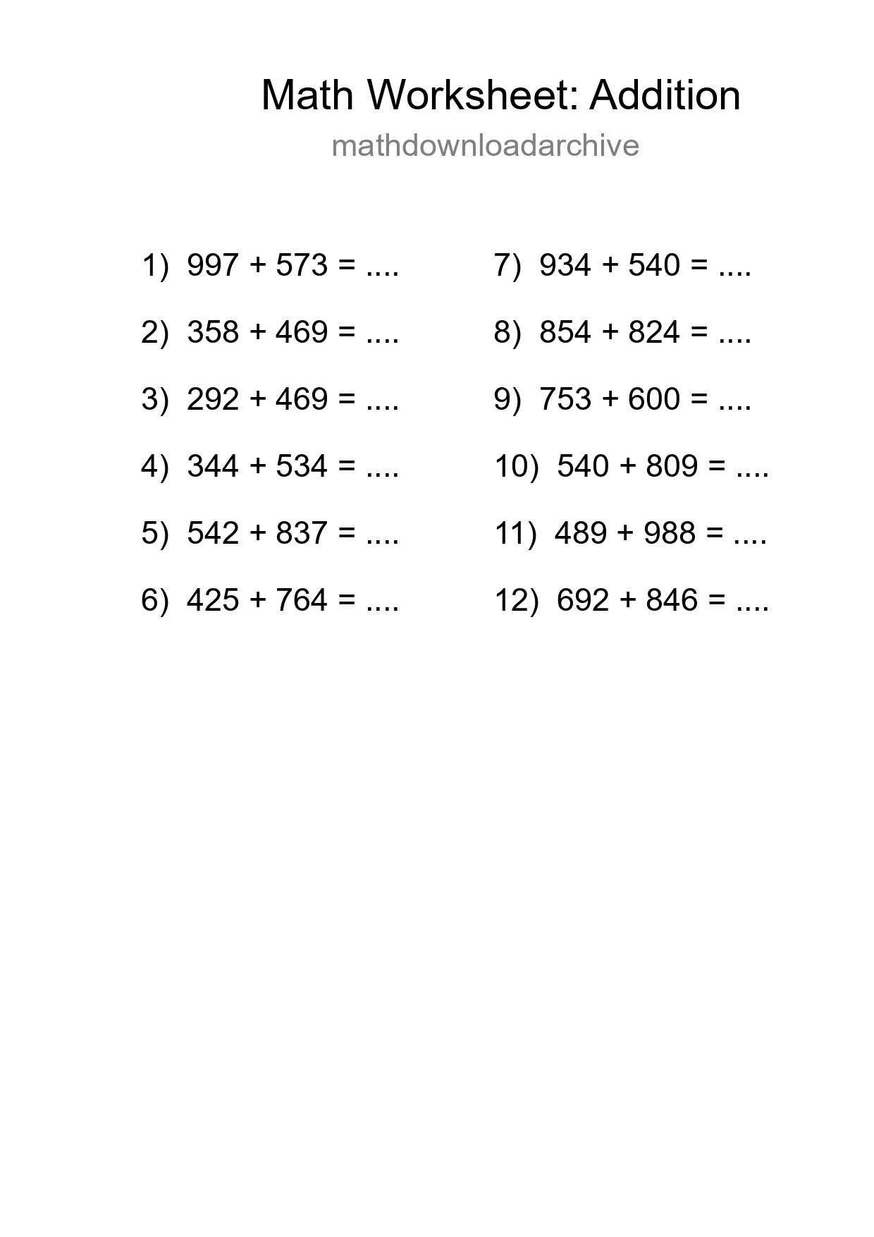 Grade 5 Addition Practice Worksheet (12 Problems) - Part 298