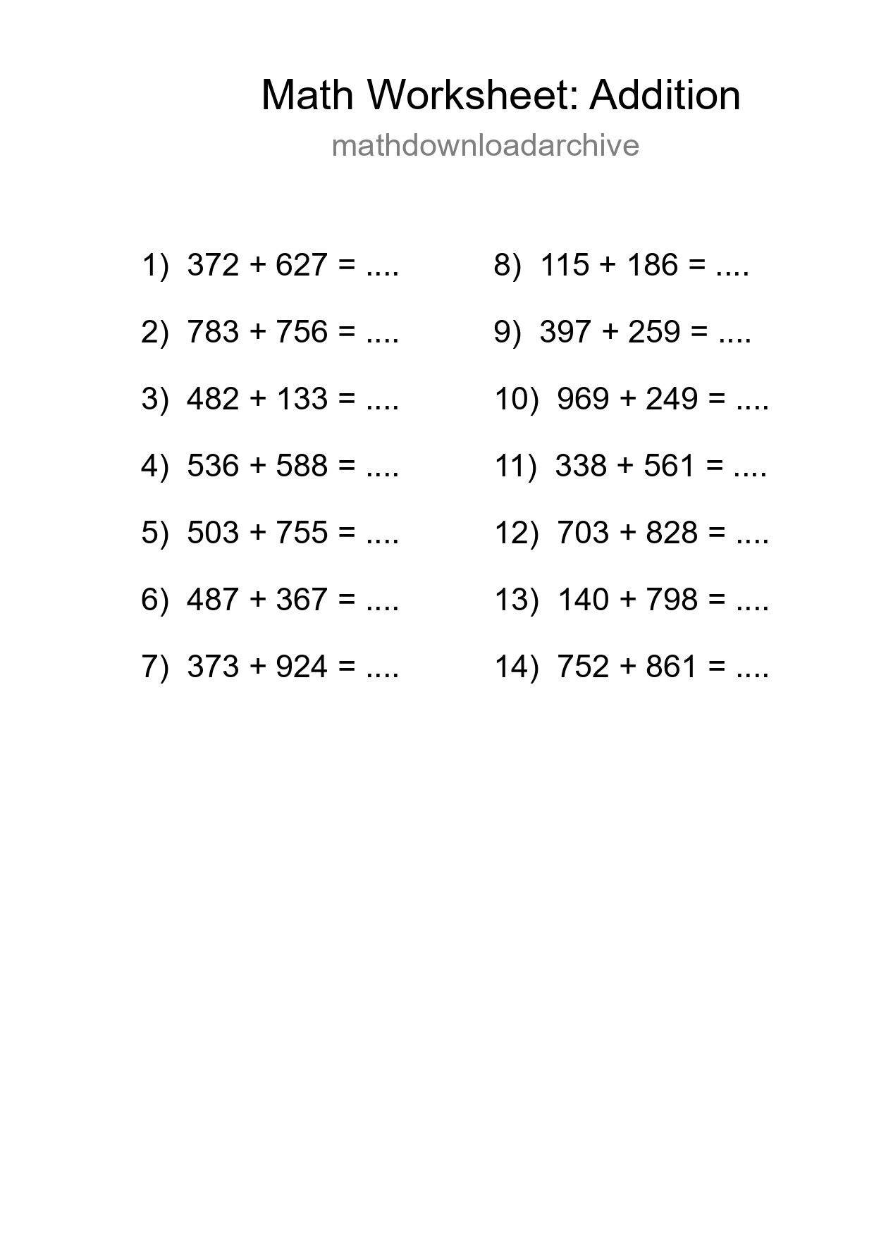 Grade 5 Addition Practice Worksheet (14 Problems) - Part 177