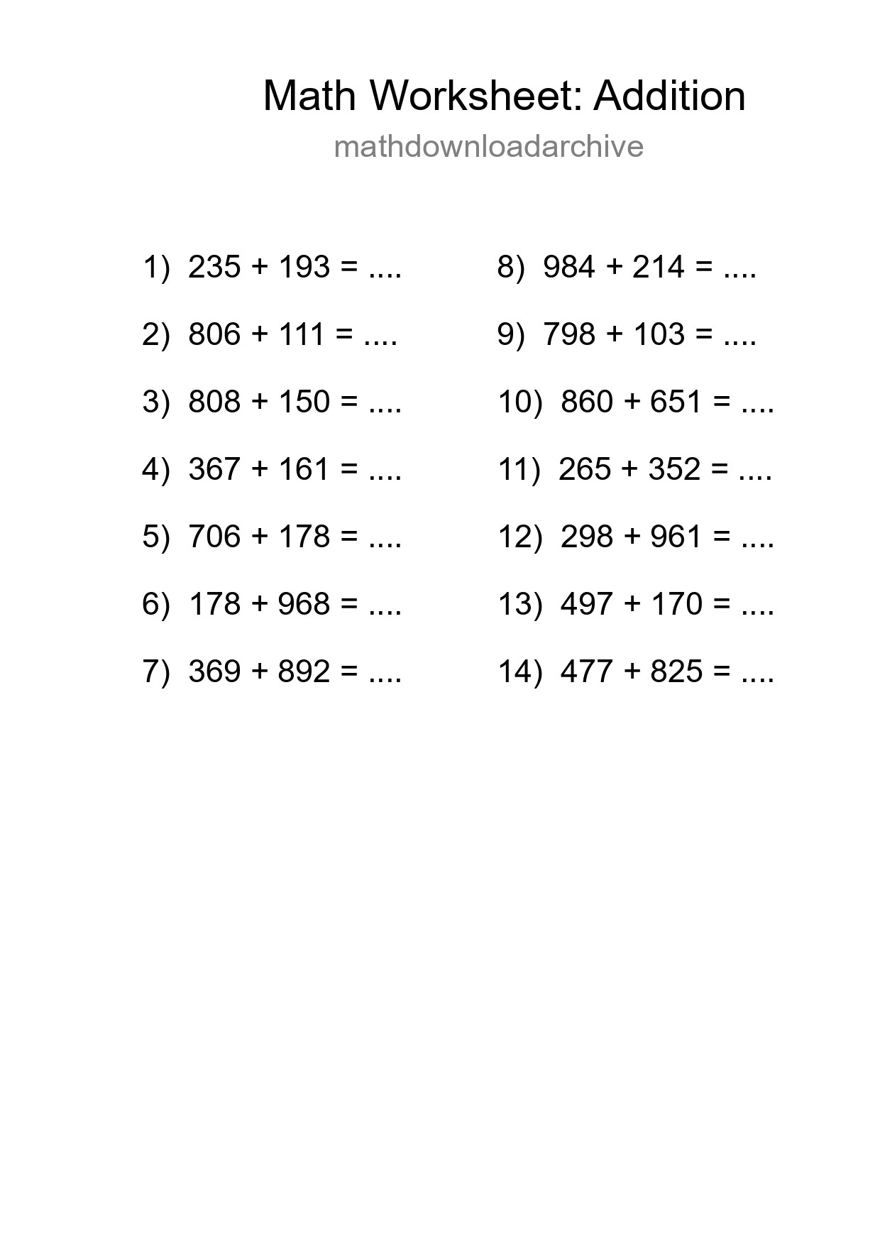 Grade 5 Addition Practice Worksheet (14 Problems) - Part 78