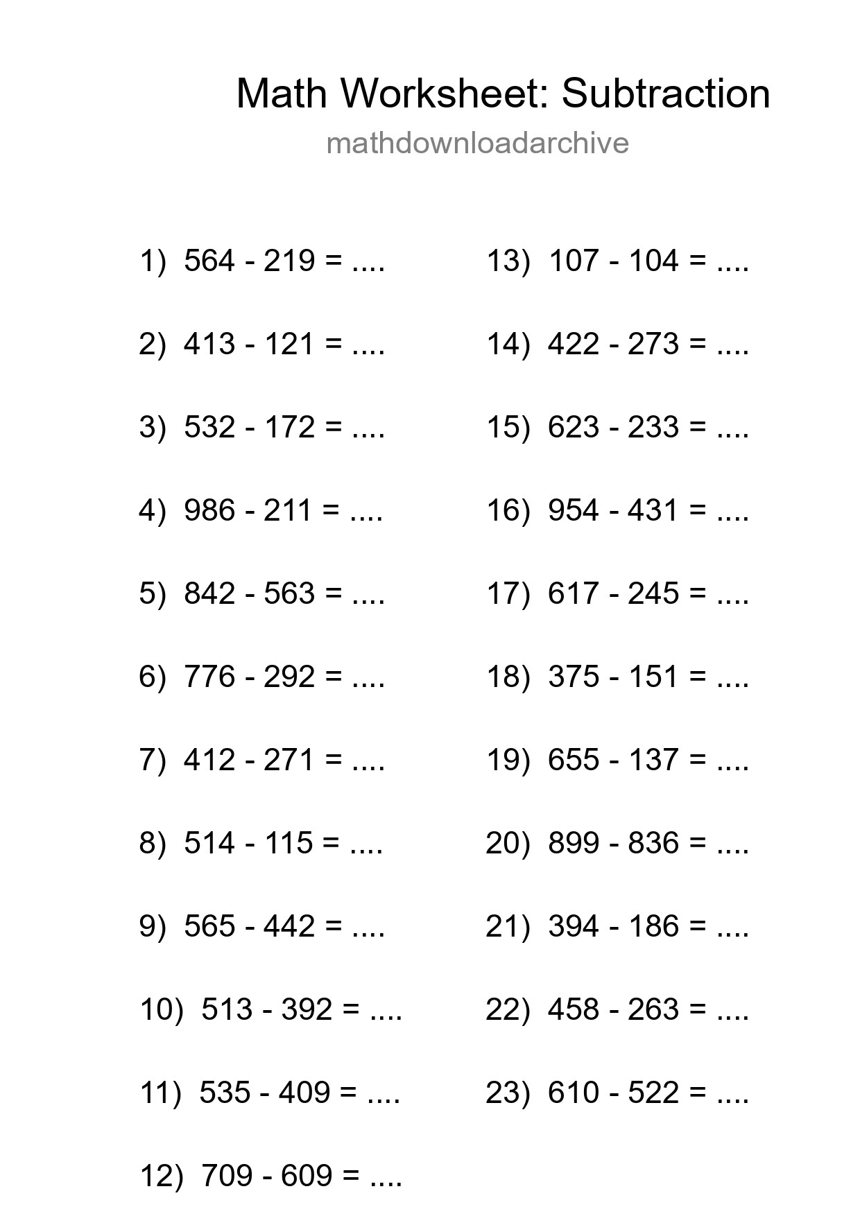 Grade 5 Subtraction Practice Worksheet (23 Problems) - Part 272