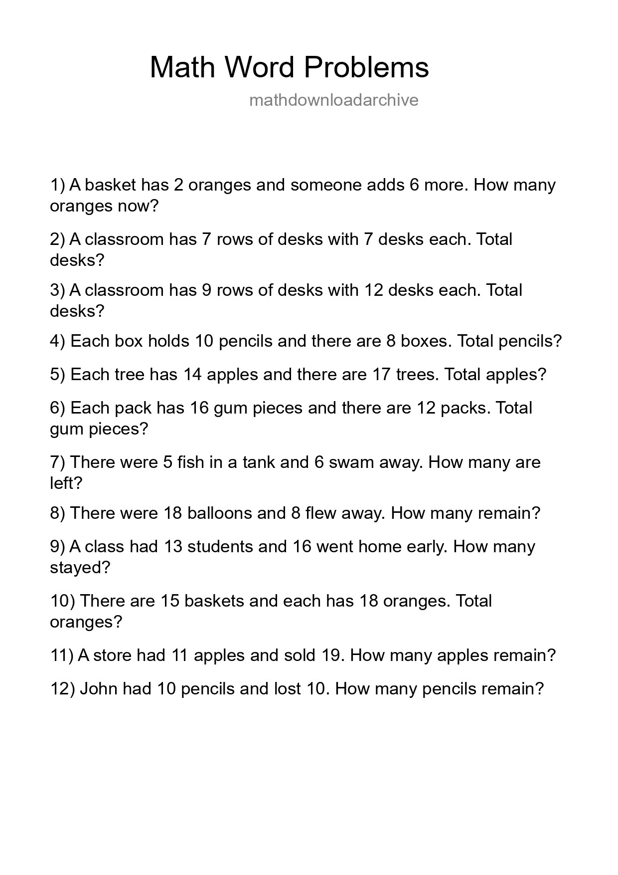 Math Word Problem Worksheet