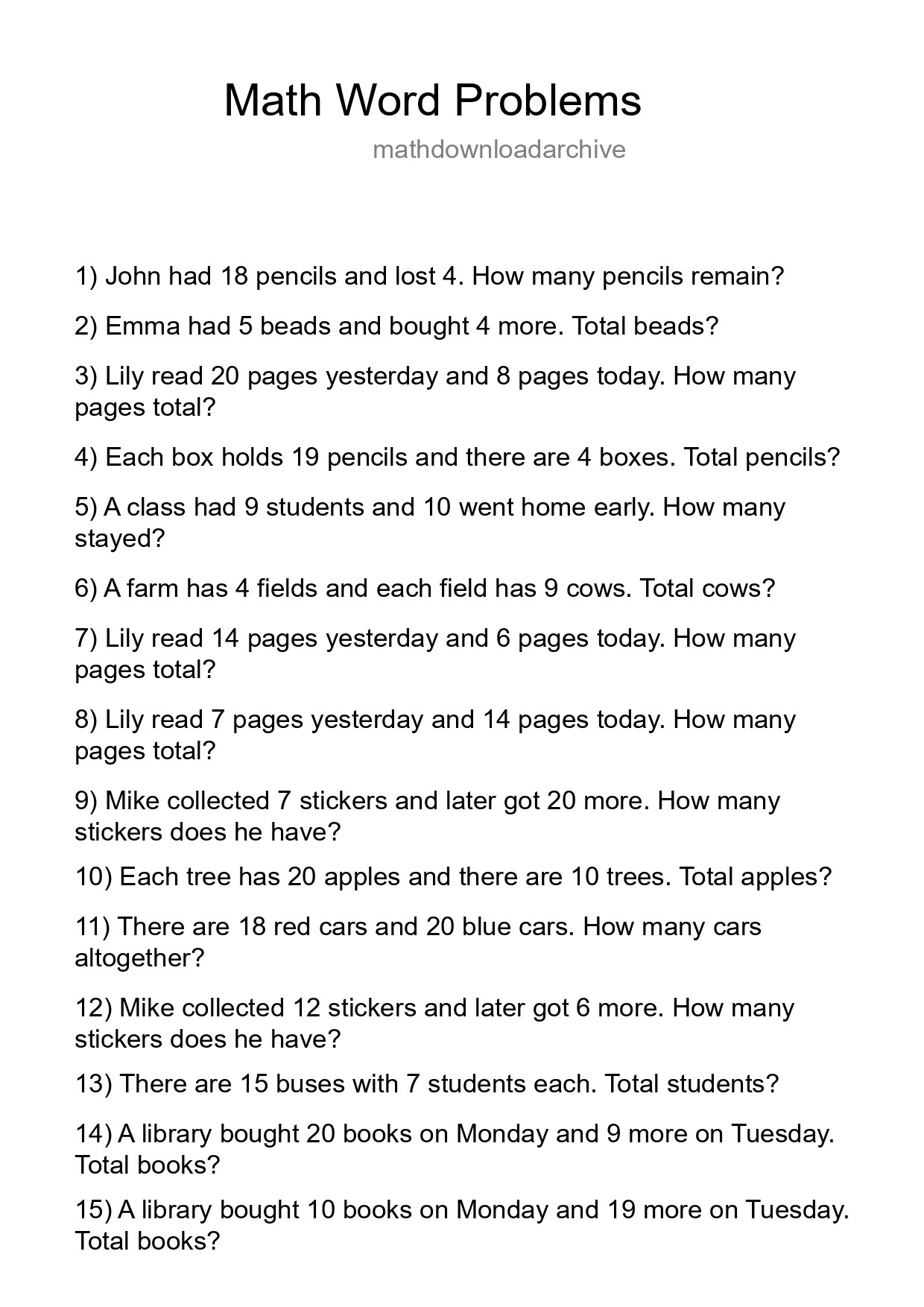 Math Word Problem Worksheet