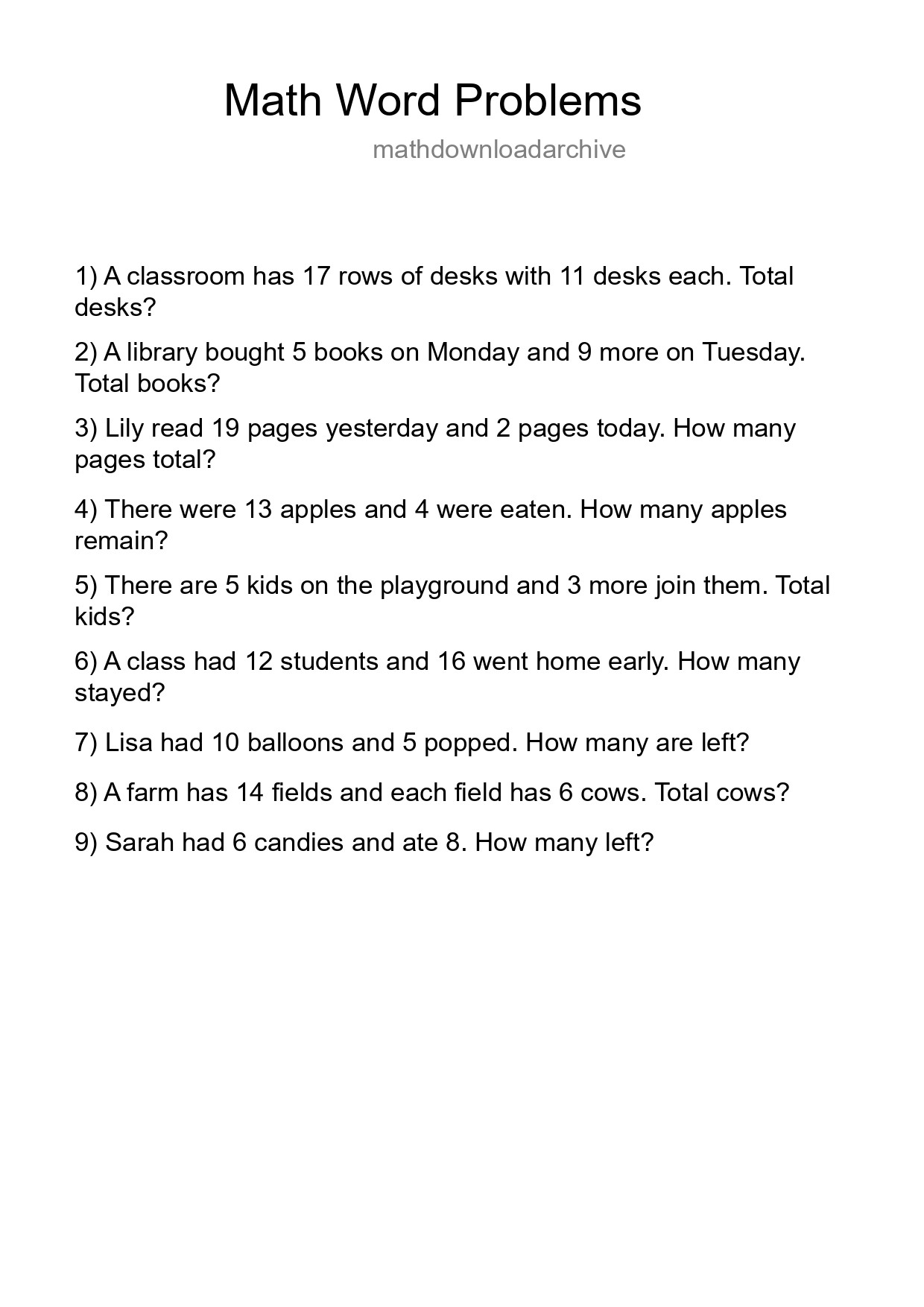 Math Word Problem Worksheet